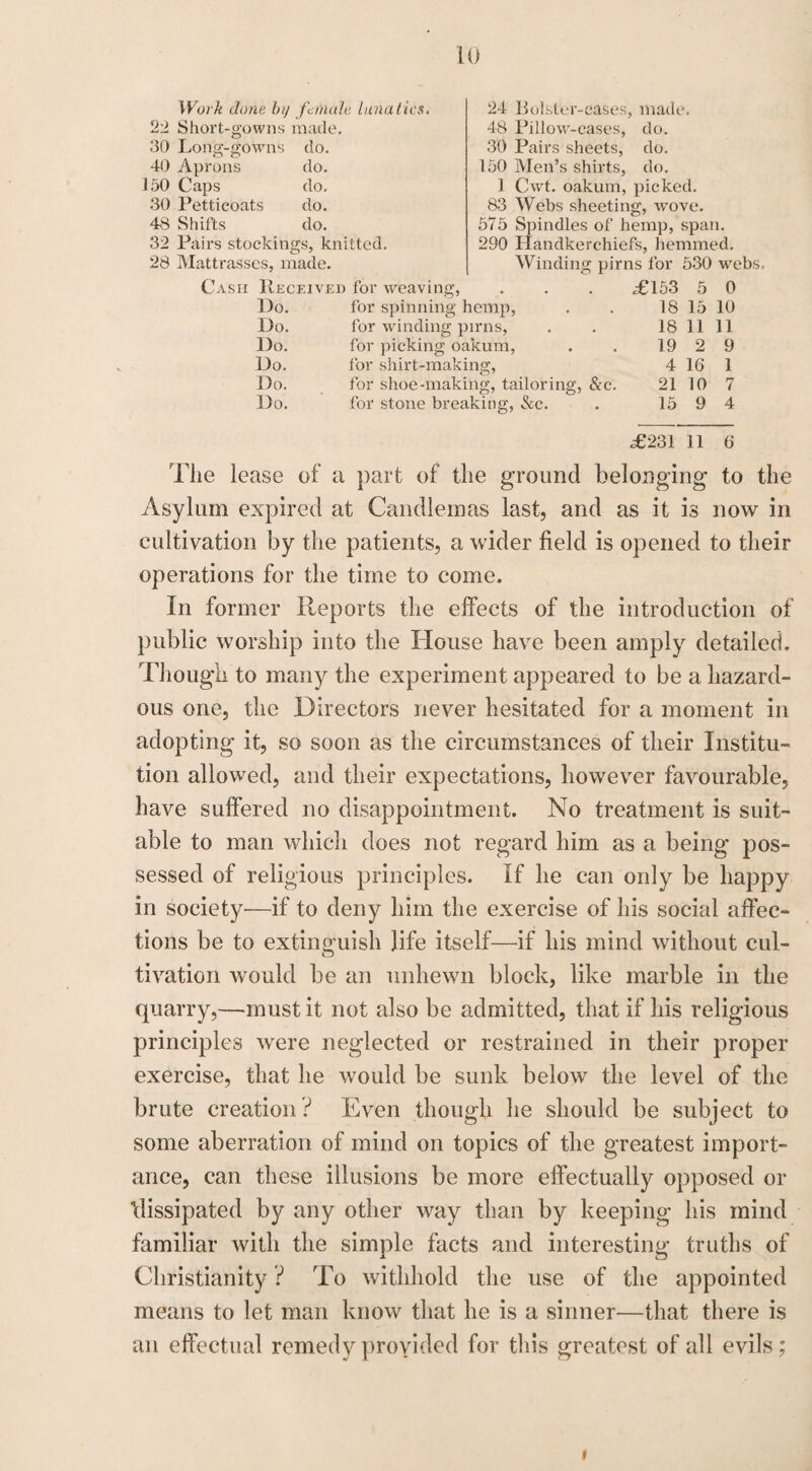 24 Bolster-cases, made. 48 Pillow-cases, do. 30 Pairs sheets, do. 150 Men’s shirts, do. 1 Cwt. oakum, picked. 83 Webs sheeting, Avove. 575 Spindles of hemp, span. 290 Handkerchiefs, hemmed. Winding pirns for 530 webs. Cash Received for weaving, . . . <£153 5 0 Ho. for spinning hemp, . . 18 15 10 Do. for winding pirns, . . 18 11 11 Do. for picking oakum, . . 19 2 9 Do. for shirt-making, 4 16 1 Do. for shoe-making, tailoring, &c. 21 10 7 Do. for stone breaking, Sec. . 15 9 4 <£231 11 6 The lease of a part of the ground belonging to the Asylum expired at Candlemas last, and as it is now in cultivation by the patients, a wider field is opened to their operations for the time to come. In former Reports the effects of the introduction of public worship into the House have been amply detailed. Though to many the experiment appeared to be a hazard¬ ous one, the Directors never hesitated for a moment in adopting it, so soon as the circumstances of their Institu¬ tion allowed, and their expectations, however favourable, have suffered no disappointment. No treatment is suit¬ able to man which does not regard him as a being pos¬ sessed of religious principles. If he can only be happy in society—if to deny him the exercise of his social affec¬ tions be to extinguish life itself—if his mind without cul- tivation would be an unhewn block, like marble in the quarry,—must it not also be admitted, that if his religious principles were neglected or restrained in their proper exercise, that he would be sunk below the level of the brute creation? Even though he should be subject to some aberration of mind on topics of the greatest import¬ ance, can these illusions be more effectually opposed or dissipated by any other way than by keeping his mind familiar with the simple facts and interesting truths of Christianity ? To withhold the use of the appointed means to let man know that he is a sinner—that there is an effectual remedy provided for this greatest of all evils; Work Jane by female lunatics. 22 Short-gowns made, 30 Long-gowns do. 40 Aprons do. 150 Caps do. 30 Petticoats do. 48 Shifts do. 32 Pairs stockings, knitted. 28 Mattrasses, made. i