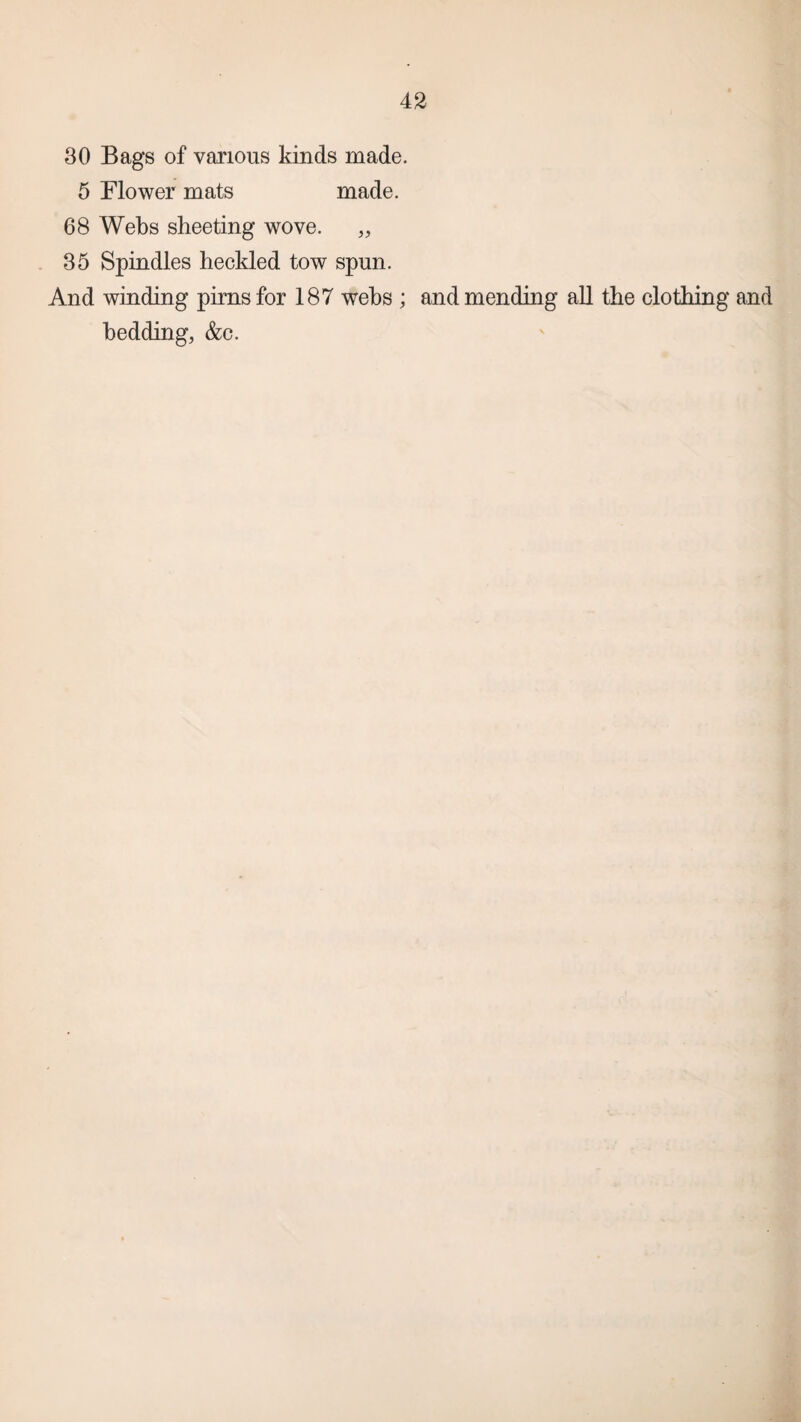 30 Bags of various kinds made. 5 Flower mats made. 68 Webs sheeting wove. „ 35 Spindles heckled tow spun. And winding pirns for 187 wehs ; and mending all the clothing and bedding, &c.