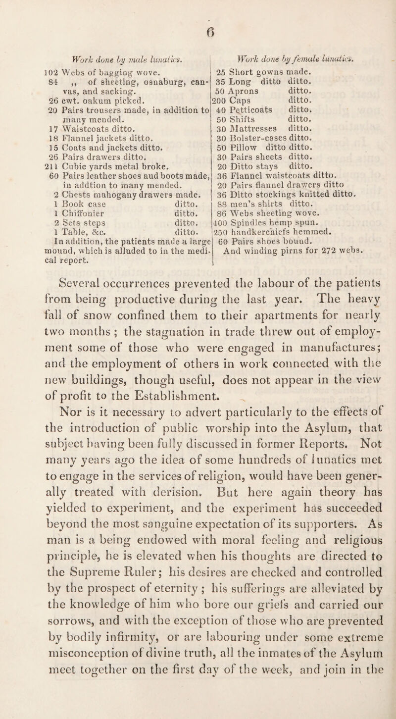 f> Work done by male lunatics. Work done by female lunatics. ]02 Webs of bagging wove. 84 ,, of sheeting, 09naburg, can¬ vas, and sacking. 26 cwt. oakum picked. 20 Pairs trousers made, in addition to many mended. 17 Waistcoats ditto. 18 Flannel jackets ditto. 15 Coats and jackets ditto. 26 Pairs drawers ditto. 211 Cubic yards metal broke. 60 Pairs leather shoes aud boots made, in addtion to many mended. 2 Chests mahogany drawers made. 1 Book case ditto. 1 Chiffonier ditto. 2 Sets steps ditto. 1 Table, &c. ditto. In addition, the patients made a large mound, which is alluded to in the medi- cal report. 25 Short gowns made. 35 Long ditto ditto. 50 Aprons ditto. 200 Caps ditto. 40 Petticoats ditto. 50 Shifts ditto. 30 Mattresses ditto. 30 Bolster-cases ditto. 50 Pillow ditto ditto. 30 Pairs sheets ditto. 20 Ditto stays ditto. 36 Flannel waistcoats ditto. 20 Pairs flannel drawers ditto 36 Ditto stockings knitted ditto. 88 men’s shirts ditto. 86 Webs sheeting wove. 400 Spindles hemp spun. 250 handkerchiefs hemmed. 60 Pairs shoes bound. And winding pirns for 272 webs. Several occurrences prevented the labour of the patients from being productive during the last year. The heavy fall of snow confined them to their apartments for nearly two months ; the stagnation in trade threw out of employ¬ ment some of those who were engaged in manufactures; and the employment of others in work connected with the new buildings, though useful, does not appear in the view of profit to the Establishment. Nor is it necessary to advert particularly to the effects of the introduction of public worship into the Asylum, that subject having been fully discussed in former Reports. Not many years ago the idea of some hundreds of lunatics met to engage in the services of religion, would have been gener- ally treated with derision. But here again theory has yielded to experiment, and the experiment has succeeded beyond the most sanguine expectation of its supporters. As man is a being endowed with moral feeling and religious principle, he is elevated when his thoughts are directed to the Supreme Ruler; his desires are checked and controlled by the prospect of eternity ; his sufferings are alleviated by the knowledge of him who bore our griefs and carried our sorrows, and with the exception of those who are prevented by bodily infirmity, or are labouring under some extreme misconception of divine truth, all the inmates of the Asylum meet together on the first day of the week, and join in the