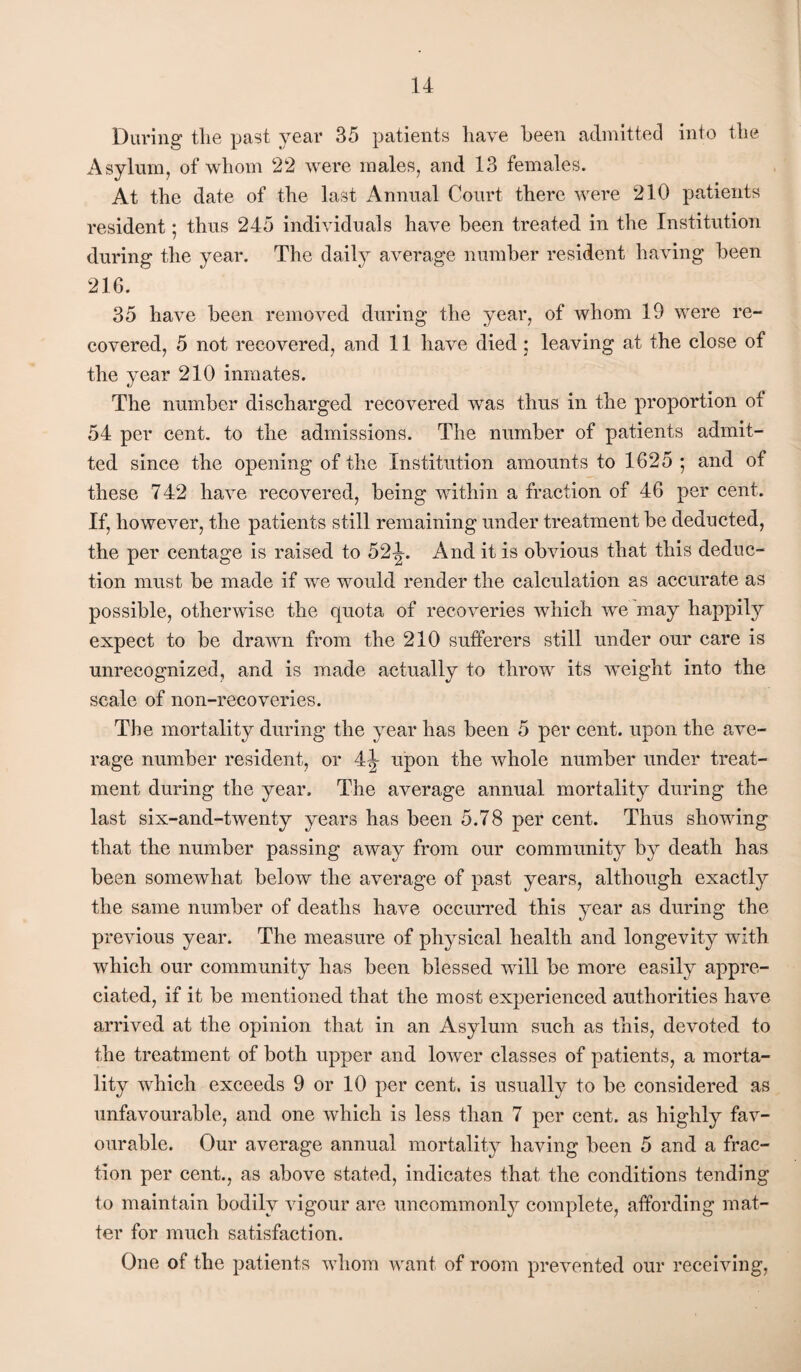 During tlie past year 35 patients have been admittecl into the Asylum, of whom 22 were males, and 13 females. At the date of the last Annual Court there were 210 patients resident; thus 245 individuals have been treated in the Institution during the year. The daily average number resident having been 216. 35 have been removed during the year, of whom 19 were re¬ covered, 5 not recovered, and 11 have died; leaving at the close of the year 210 inmates. The number discharged recovered was thus in the proportion of 54 per cent, to the admissions. The number of patients admit¬ ted since the opening of the Institution amounts to 1625 ; and of these 742 have recovered, being within a fraction of 46 per cent. If, however, the patients still remaining under treatment be deducted, the per centage is raised to 52^. And it is obvious that this deduc¬ tion must be made if we would render the calculation as accurate as possible, otherwise the quota of recoveries which we may happily expect to be drawn from the 210 sufferers still under our care is unrecognized, and is made actually to throw its weight into the scale of non-recoveries. The mortality during the year has been 5 per cent, upon the ave¬ rage number resident, or 4^ upon the whole number under treat¬ ment during the year. The average annual mortality during the last six-and-twenty years has been 5.78 per cent. Thus showing that the number passing away from our community by death has been somewhat below the average of past years, although exactly the same number of deaths have occurred this year as during the previous year. The measure of physical health and longevity with which our community has been blessed will be more easily appre¬ ciated, if it be mentioned that the most experienced authorities have arrived at the opinion that in an Asylum such as this, devoted to the treatment of both upper and lower classes of patients, a morta¬ lity which exceeds 9 or 10 per cent, is usually to be considered as unfavourable, and one which is less than 7 per cent, as highly fav¬ ourable. Our average annual mortality having been 5 and a frac¬ tion per cent., as above stated, indicates that the conditions tending to maintain bodily vigour are uncommonl}’^ complete, affording mat¬ ter for much satisfaction. One of the patients whom want of room prevented our receiving,