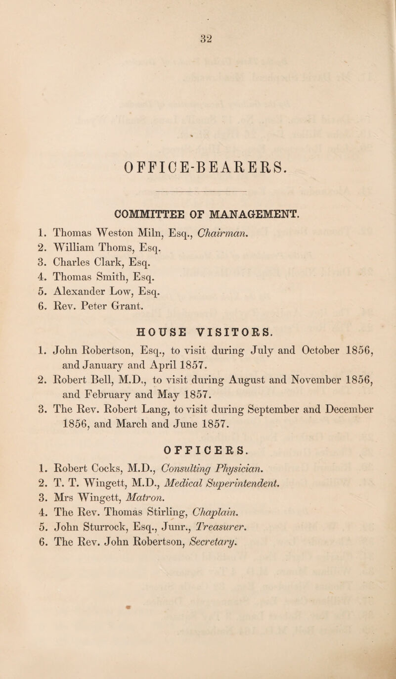 OFFICE-BEARERS. COMMITTEE OF MANAGEMENT. 1. Thomas Weston Miln, Esq., Chairman. 2. William Thoms, Esq. 3. Charles Clark, Esq. 4. Thomas Smith, Esq. 5. Alexander Low, Esq. 6. Rev. Peter Grant. HOUSE VISITORS. 1. John Robertson, Esq., to visit during July and October 1856, and January and April 1857. 2. Robert Bell, M.D., to visit during August and November 1856, and Eehruary and May 1857. 3. The Rev. Robert Lang, to visit during September and December 1856, and March and June 1857. OFFICERS. 1. Robert Cocks, M.D., Consulting Physician. 2. T. T. Wingett, M.D., Medical Superintendent. 3. Mrs Wingett, Matron. 4. The Rev. Thomas Stirling, Chaplain. 5. John Sturrock, Esq., Junr., Treasurer. 6. The Rev. John Robertson, Secretary.