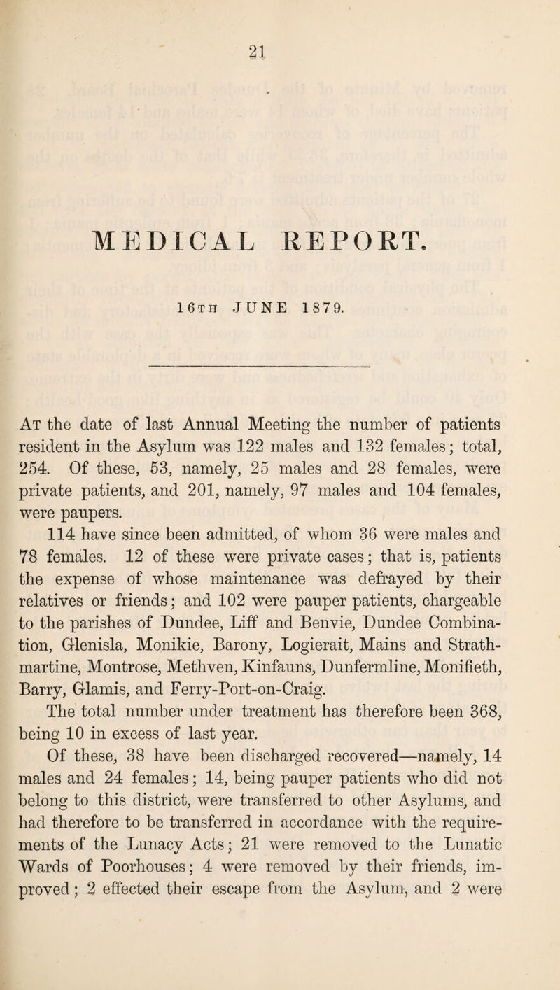 MEDICAL REPORT. 16th JUNE 1 879. At the date of last Animal Meeting the number of patients resident in the Asylum was 122 males and 132 females; total, 254. Of these, 53, namely, 25 males and 28 females, were private patients, and 201, namely, 97 males and 104 females, were paupers. 114 have since been admitted, of whom 36 were males and 78 females. 12 of these were private cases; that is, patients the expense of whose maintenance was defrayed by their relatives or friends; and 102 were pauper patients, chargeable to the parishes of Dundee, Liff and Benvie, Dundee Combina¬ tion, Glenisla, Monikie, Barony, Logierait, Mains and Strath- martine, Montrose, Methven, Kinfauns, Dunfermline, Monifieth, Barry, Glamis, and Ferry-Port-on-Craig. The total number under treatment has therefore been 368, being 10 in excess of last year. Of these, 38 have been discharged recovered—namely, 14 males and 24 females; 14, being pauper patients who did not belong to this district, were transferred to other Asylums, and had therefore to be transferred in accordance with the require¬ ments of the Lunacy Acts; 21 were removed to the Lunatic Wards of Poorhouses; 4 were removed by their friends, im¬ proved ; 2 effected their escape from the Asylum, and 2 were