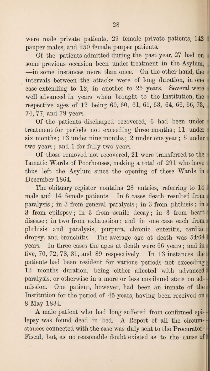were male private patients, 29 female private patients, 142 pauper males, and 250 female pauper patients. Of the patients admitted during the past year, 27 had on some previous occasion been under treatment in the Asylum, —in some instances more than once. On the other hand, the intervals between the attacks were of long duration, in one case extending to 12, in another to 25 years. Several were well advanced in years when brought to the Institution, the respective ages of 12 being 60, 60, 61, 61, 63, 64, 66, 66, 73, 74, 77, and 79 years. Of the patients discharged recovered, 6 had been under treatment for periods not exceeding three months; 11 under six months; 13 under nine months; 2 under one year; 5 under two years; and 1 for fully two years. Of those removed not recovered, 21 were transferred to the Lunatic Wards of Poorhouses, making a total of 291 who have thus left the Asylum since the opening of these Wards in December 1864. The obituary register contains 28 entries, referring to 14 male and 14 female patients. In 6 cases death resulted from paralysis; in 3 from general paralysis; in 3 from phthisis; in 3 from epilepsy; in 3 from senile decay; in 3 from heart disease; in two from exhaustion; and in one case each from phthisis and paralysis, purpura, chronic enteritis, cardiac dropsy, and bronchitis. The average age at death was 54'641 years. In three cases the ages at death were 66 years; and in five, 70, 72, 78, 81, and 89 respectively. In 13 instances the patients had been resident for various periods not exceeding 12 months duration, being either affected with advanced paralysis, or otherwise in a more or less moribund state on ad- ■ mission. One patient, however, had been an inmate of the Institution for the period of 45 years, having been received on |] 8 May 1834. A male patient who had long suffered from confirmed epi- • lepsy was found dead in bed. A Report of all the circum- • stances connected with the case was duly sent to the Procurator- ■ Fiscal, but, as no reasonable doubt existed as to the cause of I