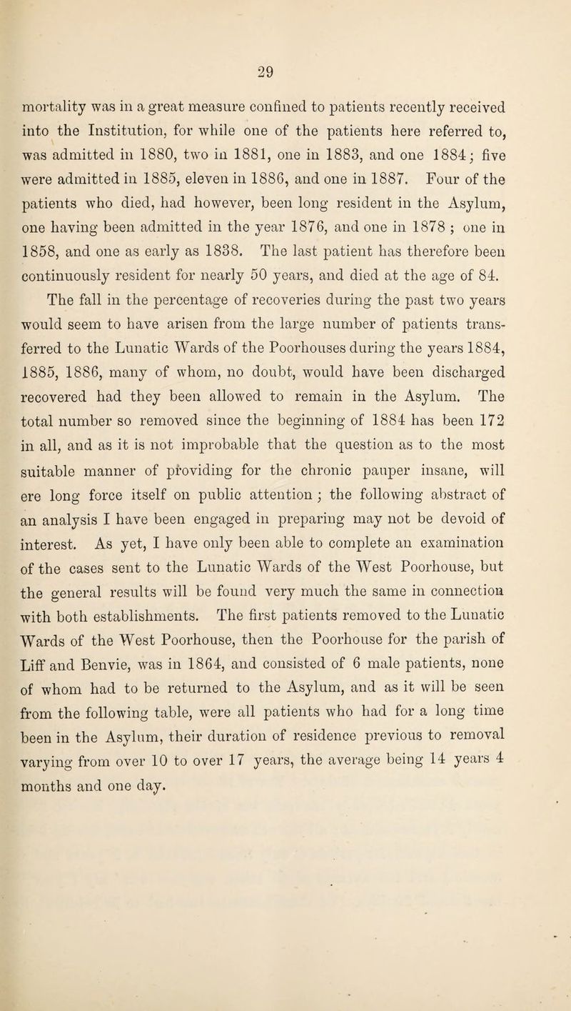 mortality was in a great measure confined to patients recently received into the Institution, for while one of the patients here referred to, was admitted in 1880, two in 1881, one in 1883, and one 1884; five were admitted in 1885, eleven in 1886, and one in 1887. Four of the patients who died, had however, been long resident in the Asylum, one having been admitted in the year 1876, and one in 1878 ; one in 1858, and one as early as 1838. The last patient has therefore been continuously resident for nearly 50 years, and died at the age of 84. The fall in the percentage of recoveries during the past two years would seem to have arisen from the large number of patients trans¬ ferred to the Lunatic Wards of the Poorhouses during the years 1884, 1885, 1886, many of whom, no doubt, would have been discharged recovered had they been allowed to remain in the Asylum. The total number so removed since the beginning of 1884 has been 172 in all, and as it is not improbable that the question as to the most suitable manner of providing for the chronic pauper insane, will ere long force itself on public attention ; the following abstract of an analysis I have been engaged in preparing may not be devoid of interest. As yet, I have only been able to complete an examination of the cases sent to the Lunatic Wards of the West Poorhouse, but the general results will be found very much the same in connection with both establishments. The first patients removed to the Lunatic Wards of the West Poorhouse, then the Poorhouse for the parish of Liff and Benvie, was in 1864, and consisted of 6 male patients, none of whom had to be returned to the Asylum, and as it will be seen from the following table, were all patients who had for a long time been in the Asylum, their duration of residence previous to removal varying from over 10 to over 17 years, the average being 14 years 4 months and one day.