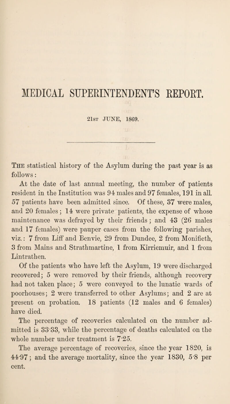 MEDICAL SUPERINTENDENT’S REPORT. 21st JUNE, 1869. The statistical history of the Asylum during the past year is as follows: At the date of last annual meeting, the number of patients resident in the Institution was 94 males and 97 females, 191 in all. 57 patients have been admitted since. Of these, 37 were males, and 20 females; 14 were private patients, the expense of whose maintenance was defrayed by their friends ; and 43 (26 males and 17 females) were pauper cases from the following parishes, viz.: 7 from Liff and Benvie, 29 from Dundee, 2 from Monifieth, 3 from Mains and Strathmartine, 1 from Kirriemuir, and 1 from Lintrathen. Of the patients who have left the Asylum, 19 were discharged recovered; 5 were removed by their friends, although recovery had not taken place; 5 were conveyed to the lunatic wards of poorhouses; 2 were transferred to other Asylums; and 2 are at present on probation. 18 patients (12 males and 6 females) have died. The percentage of recoveries calculated on the number ad¬ mitted is 33 33, while the percentage of deaths calculated on the whole number under treatment is 7'25. The average percentage of recoveries, since the year 1820, is 44‘97; and the average mortality, since the year 1830, 5 8 per cent.