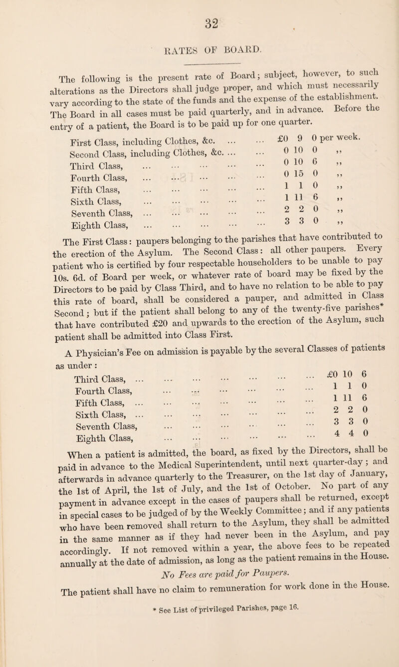 RATES OF BOARD. The following is the present rate of Board; subject, however, to such alterations as the Directors shall judge proper, and which must necessarily vary according to the state of the funds and the expense of the establishment. The Board in all cases must be paid quarterly, and in advance. e ore le entry of a patient, the Board is to be paid up for one quarter. First Class, including Clothes, &c. Second Class, including Clothes, &c. ... Third Class, . Fourth Class, Fifth Class, . Sixth Class, Seventh Class, Eighth Class, . £0 9 0 per week. 0 10 0 0 10 6 0 15 0 110 1 11 6 2 2 0 3 3 0 The First Class : paupers belonging to the parishes that have contributed to the erection of the Asylum. The Second Class : all other paupers. Eveiy patient who is certified by four respectable householders to be unable to pay 10s 6d of Board per week, or whatever rate of board may be fixed by the Directors to be paid by Class Third, and to have no relation to be able to pay this rate of board, shall be considered a pauper, and admitted m Class Second; but if the patient shall belong to any of the twenty-five parishes that have contributed £20 and upwards to the erection of the Asylum, such patient shall be admitted into Class First. A Physician’s Fee on admission is payable by the several Classes of patients as under : Third Class, . Fourth Class, Fifth Class, . Sixth Class, . Seventh Class, Eighth Class, £0 10 6 1 1 0 1 11 6 2 2 0 3 3 0 4 4 0 When a patient is admitted, the hoard, as fixed by the Directors, shall be paid in advance to the Medical Superintendent, until next quarter-day ; and afterwards in advance quarterly to the Treasurer, on the 1st day of January, the 1st of April, the 1st of July, and the 1st of October. No part of any payment in advance except in the cases of paupers shall be returned, except in special cases to be judged of by the Weekly Committee; and if any patients who have been removed shall return to the Asylum, they shall be admitted in the same manner as if they had never been in the Asylum, and pay accordingly. If not removed within a year, the above fees to be repeated annually at the date of admission, as long as the patient remains m the House. No Fees are vaidfor Paupers. The patient shall have no claim to remuneration for work done in the House * See List of privileged Parishes, page 16.