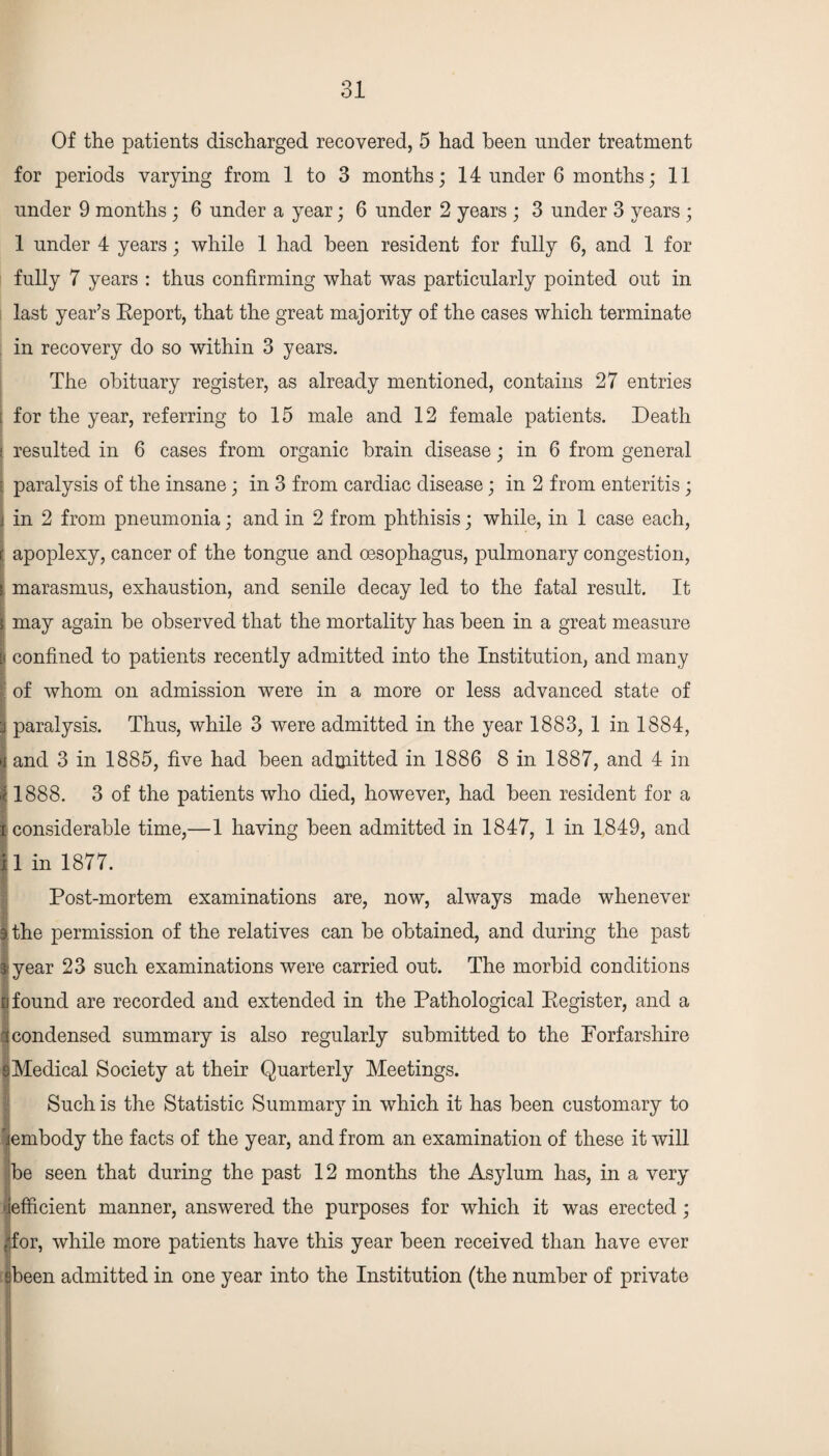 Of the patients discharged recovered, 5 had been under treatment for periods varying from 1 to 3 months; 14 under 6 months; 11 under 9 months ; 6 under a year; 6 under 2 years ; 3 under 3 years ; 1 under 4 years; while 1 had been resident for fully 6, and 1 for fully 7 years : thus confirming what was particularly pointed out in last year’s Report, that the great majority of the cases which terminate in recovery do so within 3 years. The obituary register, as already mentioned, contains 27 entries t for the year, referring to 15 male and 12 female patients. Death j resulted in 6 cases from organic brain disease; in 6 from general ■ paralysis of the insane; in 3 from cardiac disease; in 2 from enteritis; I in 2 from pneumonia; and in 2 from phthisis; while, in 1 case each, apoplexy, cancer of the tongue and oesophagus, pulmonary congestion, marasmus, exhaustion, and senile decay led to the fatal result. It may again be observed that the mortality has been in a great measure confined to patients recently admitted into the Institution, and many of whom on admission were in a more or less advanced state of paralysis. Thus, while 3 were admitted in the year 1883, 1 in 1884, and 3 in 1885, five had been admitted in 1886 8 in 1887, and 4 in 1888. 3 of the patients who died, however, had been resident for a i considerable time,—1 having been admitted in 1847, 1 in 1849, and il in 1877. Post-mortem examinations are, now, always made whenever 3 the permission of the relatives can be obtained, and during the past jyear 23 such examinations were carried out. The morbid conditions ti found are recorded and extended in the Pathological Register, and a 1 condensed summary is also regularly submitted to the Forfarshire dMedical Society at their Quarterly Meetings. Such is the Statistic Summary in which it has been customary to jembody the facts of the year, and from an examination of these it will be seen that during the past 12 months the Asylum has, in a very 'jefficient manner, answered the purposes for which it was erected; jfor, while more patients have this year been received than have ever ibeen admitted in one year into the Institution (the number of private n