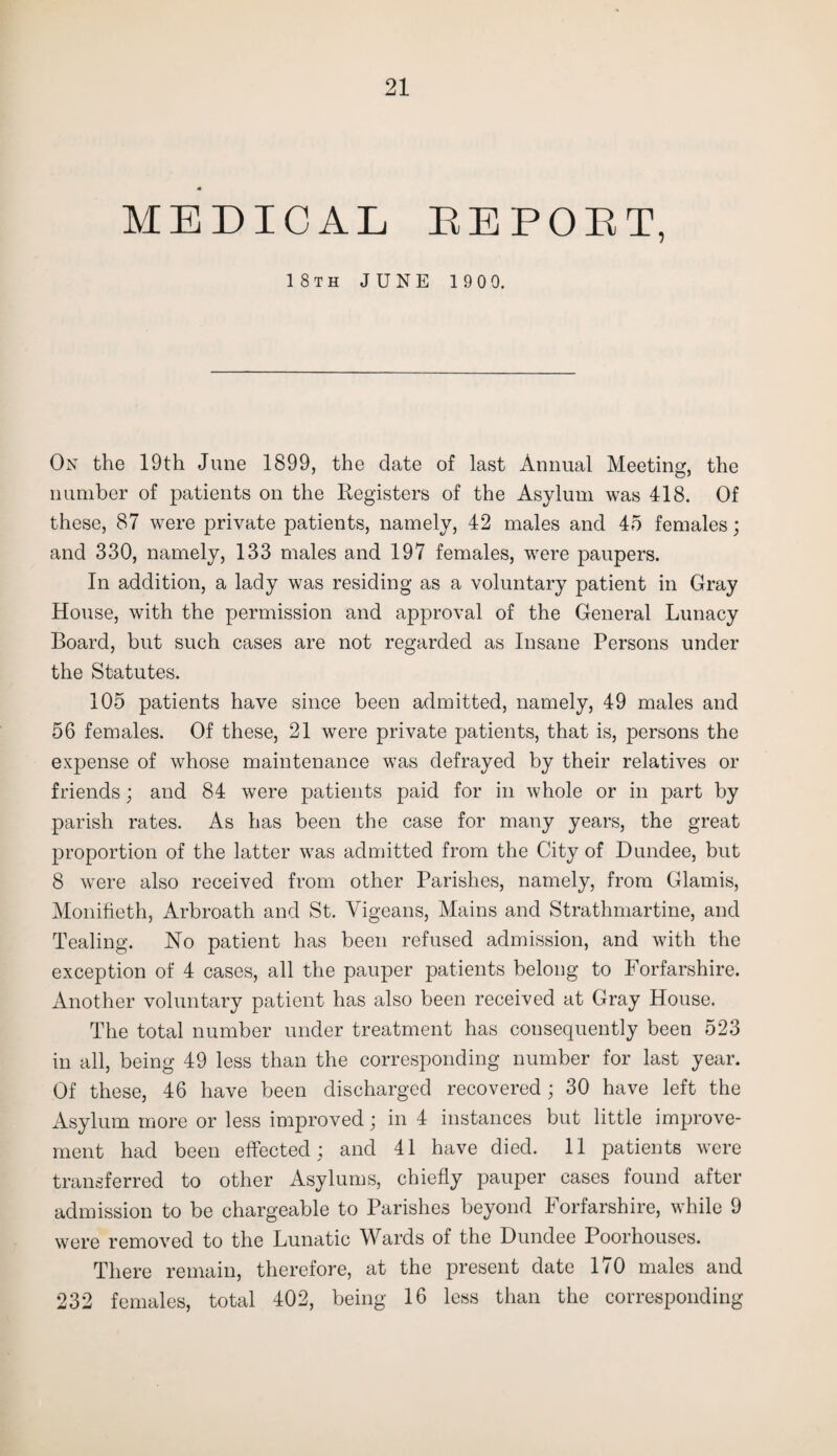 MEDICAL DEPORT, 18th JUNE 190 0. On the 19th June 1899, the date of last Animal Meeting, the number of patients on the Registers of the Asylum was 418. Of these, 87 were private patients, namely, 42 males and 45 females; and 330, namely, 133 males and 197 females, were paupers. In addition, a lady was residing as a voluntary patient in Gray House, with the permission and approval of the General Lunacy Board, but such cases are not regarded as Insane Persons under the Statutes. 105 patients have since been admitted, namely, 49 males and 56 females. Of these, 21 were private patients, that is, persons the expense of whose maintenance was defrayed by their relatives or friends; and 84 were patients paid for in whole or in part by parish rates. As has been the case for many years, the great proportion of the latter was admitted from the City of Dundee, but 8 were also received from other Parishes, namely, from Glamis, Monifieth, Arbroath and St. Yigeans, Mains and Strathmartine, and Dealing. No patient has been refused admission, and with the exception of 4 cases, all the pauper patients belong to Forfarshire. Another voluntary patient has also been received at Gray House. The total number under treatment has consequently been 523 in all, being 49 less than the corresponding number for last year. Of these, 46 have been discharged recovered; 30 have left the Asylum more or less improved; in 4 instances but little improve¬ ment had been effected; and 41 have died. 11 patients were transferred to other Asylums, chiefly pauper cases found after admission to be chargeable to Parishes beyond Forfarshire, while 9 were removed to the Lunatic Wards of the Dundee Poorhouses. There remain, therefore, at the present date 170 males and 232 females, total 402, being 16 less than the corresponding