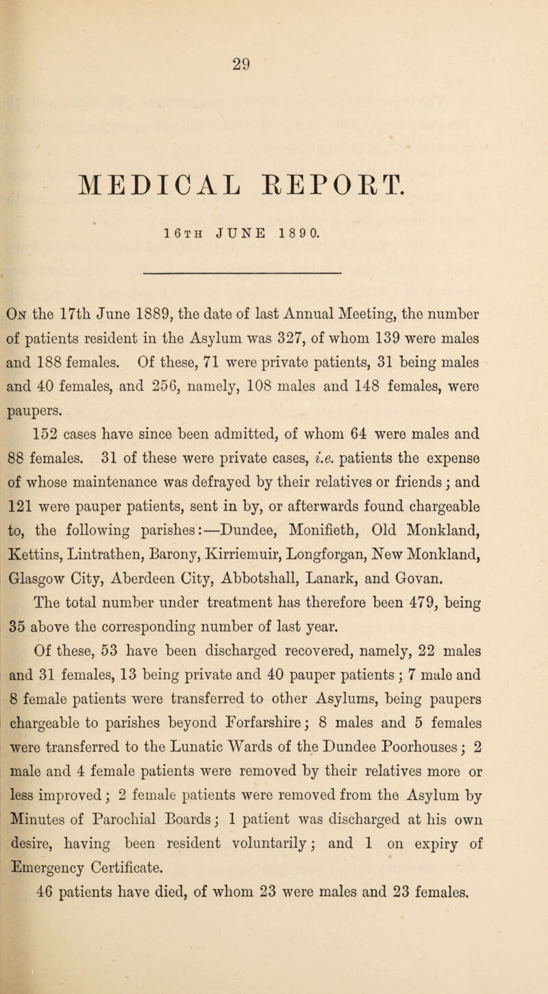 MEDICAL REPORT. 16th JUNE 189 0. On the 17th June 1889, the date of last Annual Meeting, the number of patients resident in the Asylum was 327, of whom 139 were males and 188 females. Of these, 71 were private patients, 31 being males and 40 females, and 256, namely, 108 males and 148 females, were paupers. 152 cases have since been admitted, of whom 64 were males and 88 females. 31 of these were private cases, i.e. patients the expense of whose maintenance was defrayed by their relatives or friends ; and 121 were pauper patients, sent in by, or afterwards found chargeable to, the following parishes:—Dundee, Monifieth, Old Monkland, Kettins, Lintrathen, Barony, Kirriemuir, Longforgan, New Monkland, Glasgow City, Aberdeen City, Abbotshall, Lanark, and Govan. The total number under treatment has therefore been 479, being 35 above the corresponding number of last year. Of these, 53 have been discharged recovered, namely, 22 males and 31 females, 13 being private and 40 pauper patients; 7 male and 8 female patients were transferred to other Asylums, being paupers chargeable to parishes beyond Forfarshire; 8 males and 5 females were transferred to the Lunatic Wards of the Dundee Poorhouses; 2 male and 4 female patients were removed by their relatives more or less improved; 2 female patients were removed from the Asylum by Minutes of Parochial Boards; 1 patient was discharged at his own desire, having been resident voluntarily; and 1 on expiry of Emergency Certificate. 46 patients have died, of whom 23 were males and 23 females.