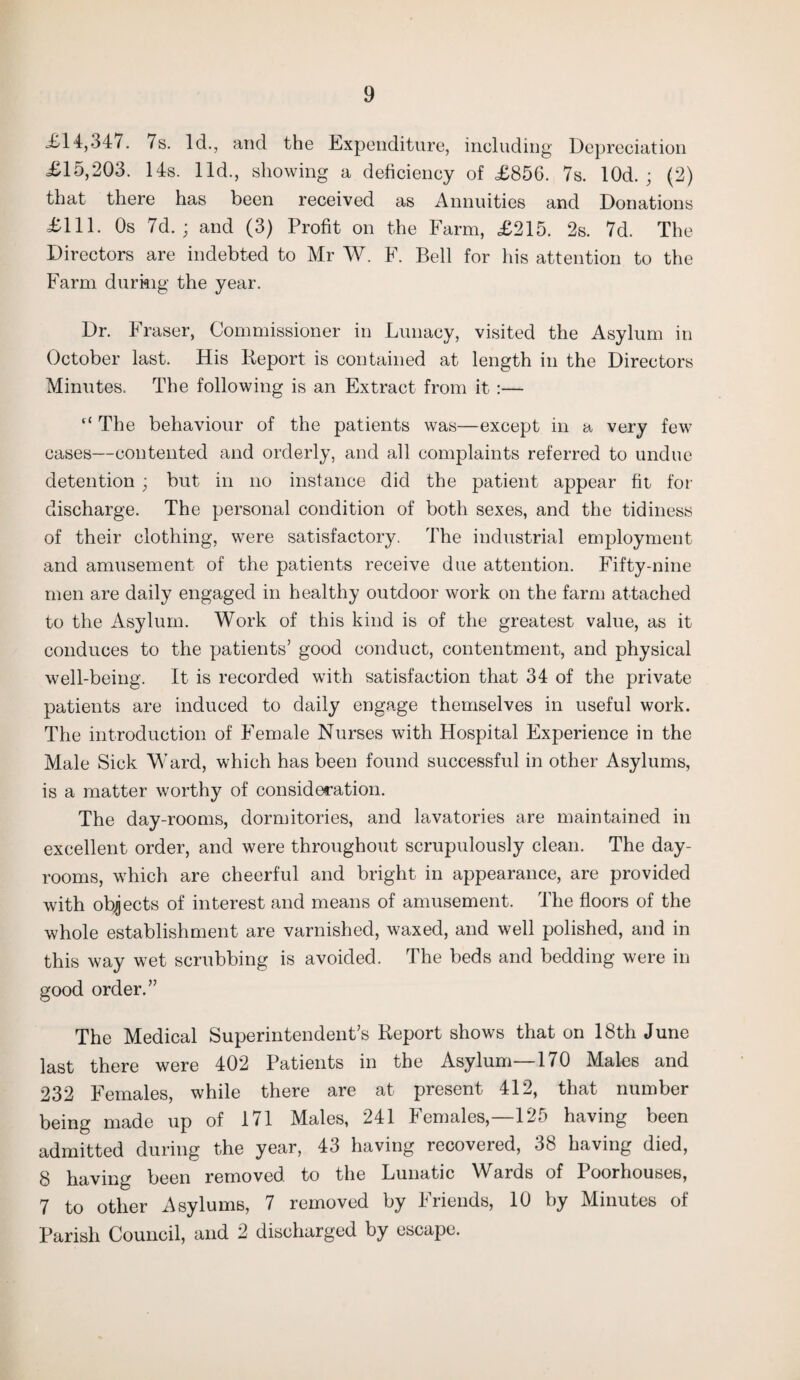 £14,347, 7s. Id., and the Expenditure, including Depreciation £15,203. 14s. lid., showing a deficiency of £856. 7s. lOd. ; (2) that there has been received as Annuities and Donations £111. Os 7d. ; and (3) Profit on the Farm, £215. 2s. 7d. The Directors are indebted to Mr W. F. Bell for his attention to the Farm during the year. Dr. Fraser, Commissioner in Lunacy, visited the Asylum in October last. His Report is contained at length in the Directors Minutes. The following is an Extract from it:— “ The behaviour of the patients was—except in a very few cases—contented and orderly, and all complaints referred to undue detention ; but in no instance did the patient appear fit for discharge. The personal condition of both sexes, and the tidiness of their clothing, were satisfactory. The industrial employment and amusement of the patients receive due attention. Fifty-nine men are daily engaged in healthy outdoor work on the farm attached to the Asylum. Work of this kind is of the greatest value, as it conduces to the patients’ good conduct, contentment, and physical well-being. It is recorded with satisfaction that 34 of the private patients are induced to daily engage themselves in useful work. The introduction of Female Nurses with Hospital Experience in the Male Sick Ward, which has been found successful in other Asylums, is a matter worthy of consideration. The day-rooms, dormitories, and lavatories are maintained in excellent order, and were throughout scrupulously clean. The day- rooms, which are cheerful and bright in appearance, are provided with objects of interest and means of amusement. The floors of the whole establishment are varnished, waxed, and well polished, and in this way wet scrubbing is avoided. The beds and bedding were in good order.” The Medical Superintendent’s Report shows that on 18th June last there were 402 Patients in the Asylum—170 Males and 232 Females, while there are at present 412, that number being made up of 171 Males, 241 Females,—125 having been admitted during the year, 43 having recovered, 38 having died, 8 having been removed to the Lunatic Wards of Poorhouses, 7 to other Asylums, 7 removed by Friends, 10 by Minutes of Parish Council, and 2 discharged by escape.
