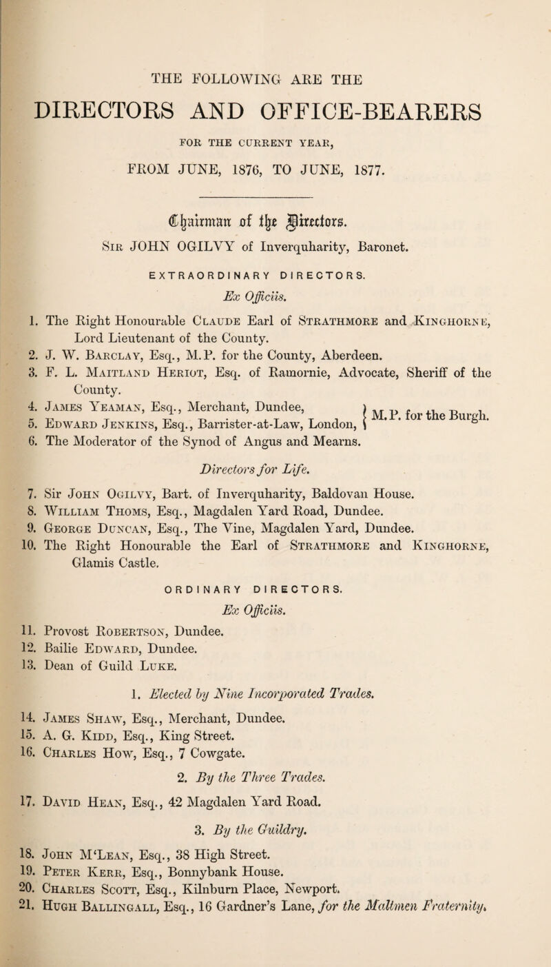 THE FOLLOWING ARE THE DIRECTORS AND OFFICE-BEARERS FOR THE CURRENT YEAR, FROM JUNE, 1876, TO JUNE, 1877. dUjatrman: of % jlimto. Sir JOHN OGILVY of Inverquharity, Baronet. EXTRAORDINARY DIRECTORS. Ex Officiis. 1. The Right Honourable Claude Earl of Strathmore and Kinghorne, Lord Lieutenant of the County. 2. J. W. Barclay, Esq., M.R. for the County, Aberdeen. 3. F. L. Maitland Heriot, Esq. of Ramornie, Advocate, Sheriff of the County. 4. James Yeaman, Esq., Merchant, Dundee, 5. Edward Jenkins, Esq., Barrister-at-Law, London, 6. The Moderator of the Synod of Angus and Mearns. M. P. for the Burgh. Directors for Life. 7. Sir John Ogilvy, Bart, of Inverquharity, Baldovan House. 8. William Thoms, Esq., Magdalen Yard Road, Dundee. 9. George Duncan, Esq., The Vine, Magdalen Yard, Dundee. 10. The Right Honourable the Earl of Strathmore and Kinghorne, Glamis Castle. ORDINARY DIRECTORS. Ex Officiis. 11. Provost Robertson, Dundee. 12. Bailie Edward, Dundee. 13. Dean of Guild Luke. 1. Elected by Nine Incorporated Trades. 14. James Shaw, Esq., Merchant, Dundee. 15. A. G. Kidd, Esq., King Street. 16. Charles How, Esq., 7 Cowgate. 2. By tlie Three Trades. 17. David Hean, Esq., 42 Magdalen Yard Road. 3. By the Guildry. 18. John M‘Lean, Esq., 38 High Street. 19. Peter Kerr, Esq., Bonnybank House. 20. Charles Scott, Esq., Kilnburn Place, Newport. 21. Hugh Ballingall, Esq., 16 Gardner’s Lane, for the Mailmen Fraternity >