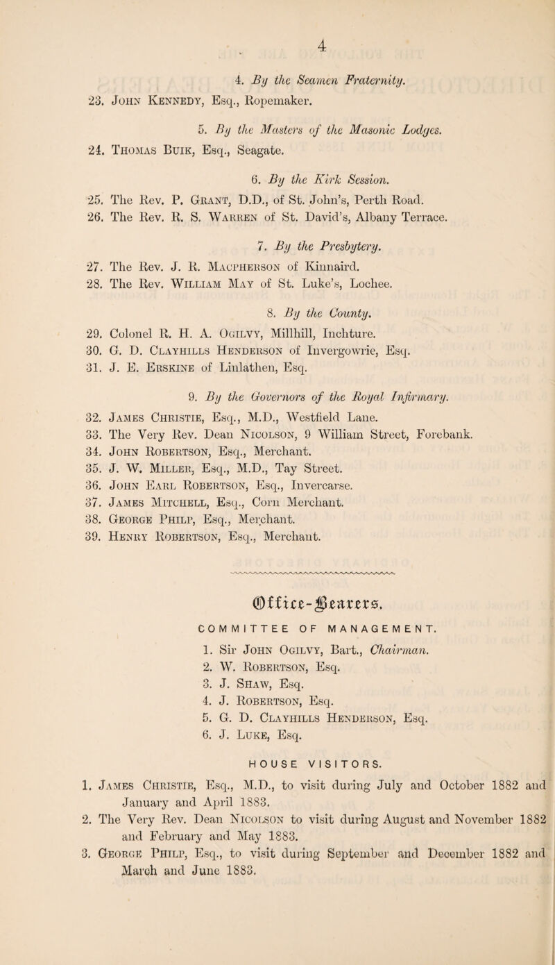 4. By the Seamen Fraternity. 23. John Kennedy, Esq., Ropemaker. 5. By the Masters of the Masonic Lodges. 24. Thomas Buik, Esq., Seagate. 6. By the Kirk Session. 25. The Rev. P. Grant, D.D., of St. John’s, Perth Roach 26. The Rev. R. S. Warren of St. David’s, Albany Terrace. 7. By the Presbytery. 27. The Rev. J. R. Macpherson of Kinnaircl. 28. The Rev. William May of St. Luke’s, Lochee. 8. By the County. 29. Colonel R. H. A. Ogilvy, Millhill, Inchture. 30. G. D. Clayhills Henderson of Invergowrie, Esq. 31. J. E. Erskine of Linlathen, Esq. 9. By the Governors of the Royal Infirmary. 32. James Christie, Esq., M.D., Westfield Lane. 33. The Very Rev. Dean Nicolson, 9 William Street, Forebank. 34. John Robertson, Esq., Merchant. 35. J. W. Miller, Esq., M.D., Tay Street. 36. John Earl Robertson, Esq., Invercarse. 37. James Mitchell, Esq., Corn Merchant. 38. George Philp, Esq., Merchant. 39. Henry Robertson, Esq., Merchant. <§Uxcz-§zkxzxq. COMMITTEE OF MANAGEMENT. 1. Sir John Ogilvy, Bart., Chairman. 2. W. Robertson, Esq. 3. J. Shaw, Esq. 4. J. Robertson, Esq. 5. G. D. Clayhills Henderson, Esq. 6. J. Luke, Esq. HOUSE VISITORS. 1. James Christie, Esq., M.D., to visit during July and October 1882 and January and April 1883. 2. The Very Rev. Dean Nicolson to visit during August and November 1882 and February and May 1883. 3. George Philp, Esq., to visit during September and December 1882 and March and June 1883.