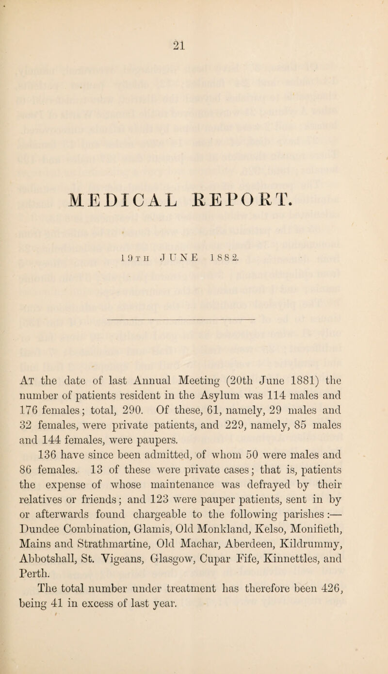 MEDICAL REPORT. 19th JUNE 1 88 2. At the date of last Annual Meeting (20th June 1881) the number of patients resident in the Asylum was 114 males and 176 females; total, 290. Of these, 61, namely, 29 males and 32 females, were private patients, and 229, namely, 85 males and 144 females, were paupers. 136 have since been admitted, of whom 50 were males and 86 females. 13 of these were private cases; that is, patients the expense of whose maintenance was defrayed by their relatives or friends; and 123 were pauper patients, sent in by or afterwards found chargeable to the following parishes :— Dundee Combination, Glamis, Old Monlvland, Kelso, Monifieth, Mains and Strathmartine, Old Machar, Aberdeen, Kildrummy, Abbotshall, St. Vigeans, Glasgow, Cupar Fife, Kinnettles, and Perth. The total number under treatment has therefore been 426, being 41 in excess of last year.