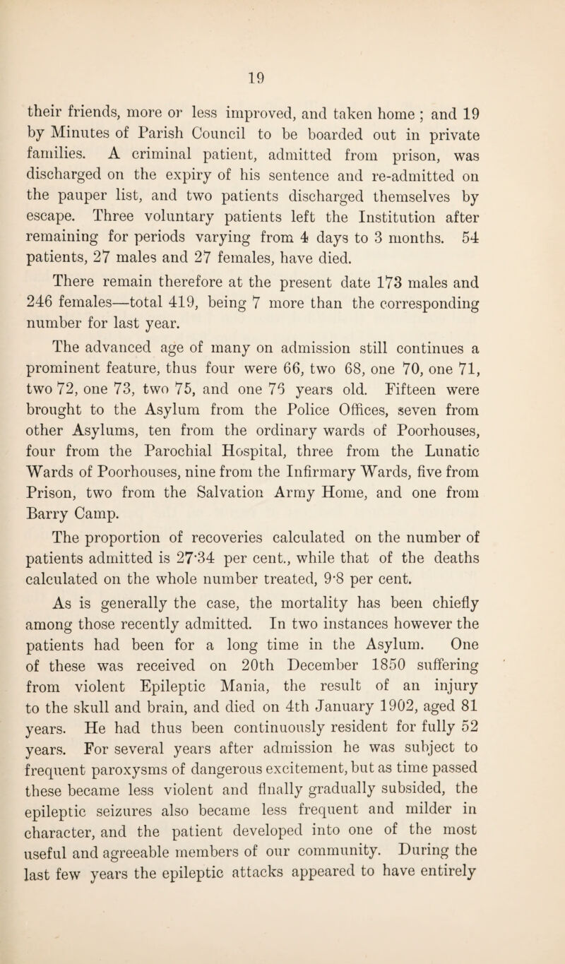 their friends, more or less improved, and taken home ; and 19 by Minutes of Parish Council to be boarded out in private families. A criminal patient, admitted from prison, was discharged on the expiry of his sentence and re-admitted on the pauper list, and two patients discharged themselves by escape. Three voluntary patients left the Institution after remaining for periods varying from 4 days to 3 months. 54 patients, 27 males and 27 females, have died. There remain therefore at the present date 173 males and 246 females—total 419, being 7 more than the corresponding number for last year. The advanced age of many on admission still continues a prominent feature, thus four were 66, two 68, one 70, one 71, two 72, one 73, two 75, and one 76 years old. Fifteen were brought to the Asylum from the Police Offices, seven from other Asylums, ten from the ordinary wards of Poorhouses, four from the Parochial Hospital, three from the Lunatic Wards of Poorhouses, nine from the Infirmary Wards, five from Prison, two from the Salvation Army Home, and one from Barry Camp. The proportion of recoveries calculated on the number of patients admitted is 27'34 per cent., while that of the deaths calculated on the whole number treated, 9*8 per cent. As is generally the case, the mortality has been chiefly among those recently admitted. In two instances however the patients had been for a long time in the Asylum. One of these was received on 20th December 1850 suffering from violent Epileptic Mania, the result of an injury to the skull and brain, and died on 4th January 1902, aged 81 years. He had thus been continuously resident for fully 52 years. For several years after admission he was subject to frequent paroxysms of dangerous excitement, but as time passed these became less violent and finally gradually subsided, the epileptic seizures also became less frequent and milder in character, and the patient developed into one of the most useful and agreeable members of our community. During the last few years the epileptic attacks appeared to have entirely