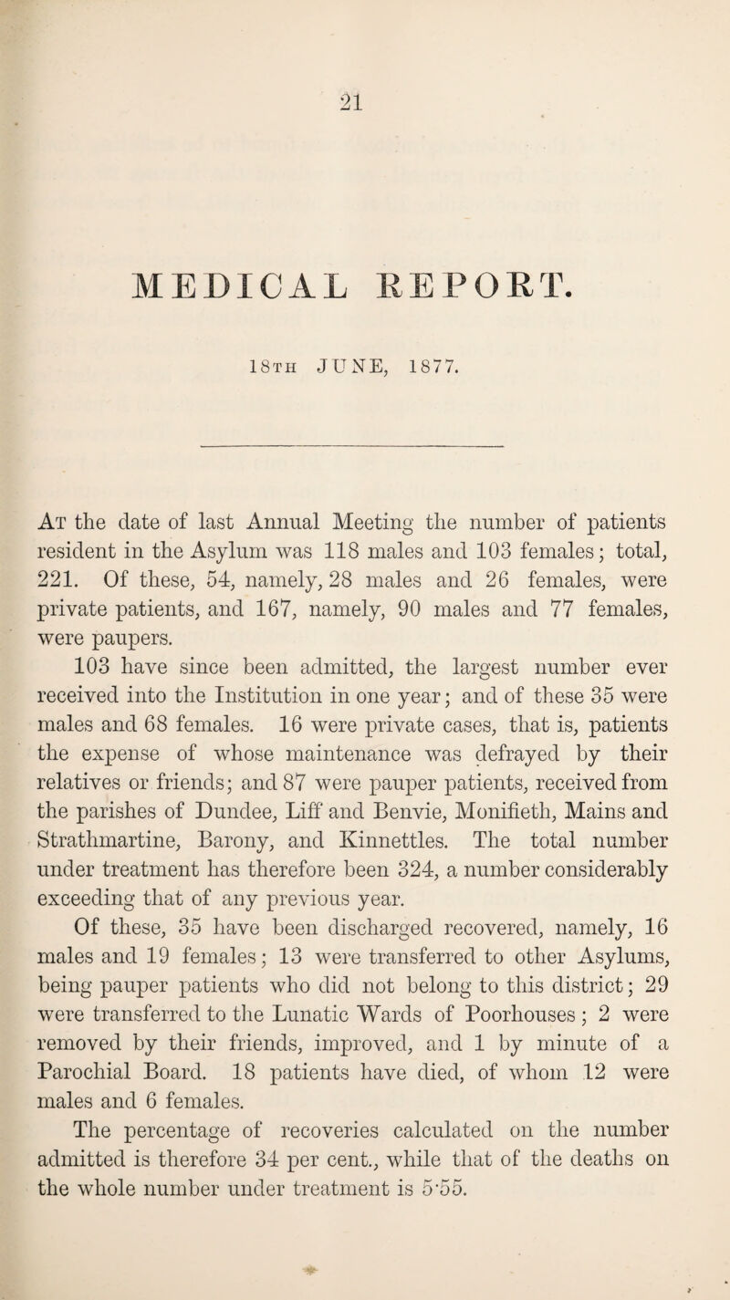 MEDICAL REPORT. 18th JUNE, 1877. At the date of last Annual Meeting the number of patients resident in the Asylum was 118 males and 103 females; total, 221. Of these, 54, namely, 28 males and 26 females, were private patients, and 167, namely, 90 males and 77 females, were paupers. 103 have since been admitted, the largest number ever received into the Institution in one year; and of these 35 were males and 68 females. 16 were private cases, that is, patients the expense of whose maintenance was defrayed by their relatives or friends; and 87 were pauper patients, received from the parishes of Dundee, Liff and Benvie, Monifieth, Mains and Strathmartine, Barony, and Kinnettles. The total number under treatment has therefore been 324, a number considerably exceeding that of any previous year. Of these, 35 have been discharged recovered, namely, 16 males and 19 females; 13 were transferred to other Asylums, being pauper patients who did not belong to this district; 29 were transferred to the Lunatic Wards of Poorhouses ; 2 were removed by their friends, improved, and 1 by minute of a Parochial Board. 18 patients have died, of whom 12 were males and 6 females. The percentage of recoveries calculated on the number admitted is therefore 34 per cent., while that of the deaths on the whole number under treatment is 5*55.