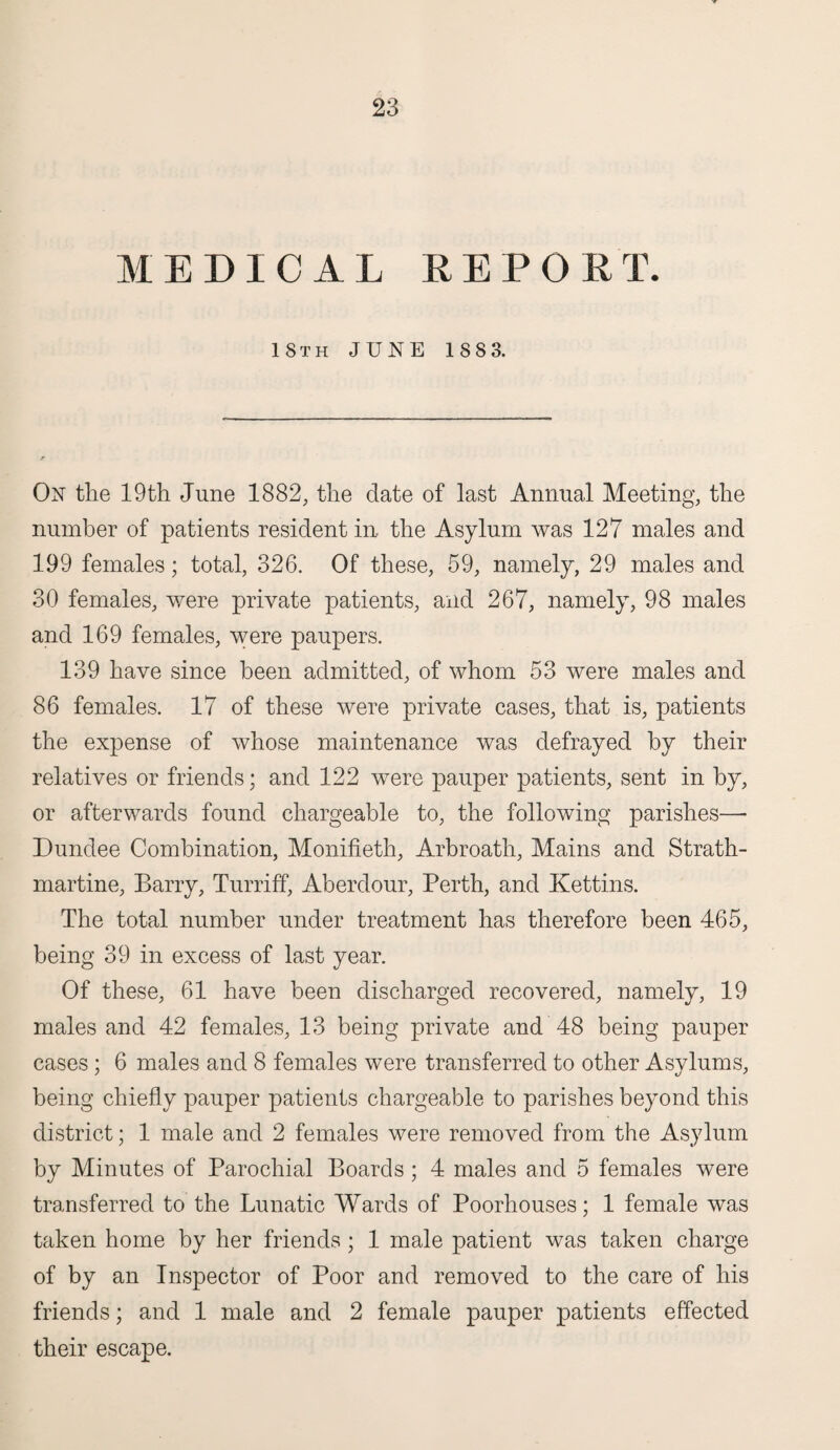 MEDICAL REPORT. 18th JUNE 1883. On the 19th June 1882, the date of last Annual Meeting, the number of patients resident in the Asylum was 127 males and 199 females; total, 326. Of these, 59, namely, 29 males and 30 females, were private patients, and 267, namely, 98 males and 169 females, were paupers. 139 have since been admitted, of whom 53 were males and 86 females. 17 of these were private cases, that is, patients the expense of whose maintenance was defrayed by their relatives or friends; and 122 were pauper patients, sent in by, or afterwards found chargeable to, the following parishes—- Dundee Combination, Monifieth, Arbroath, Mains and Strath- martine, Barry, Turriff, Aberdour, Perth, and Kettins. The total number under treatment has therefore been 465, being 39 in excess of last year. Of these, 61 have been discharged recovered, namely, 19 males and 42 females, 13 being private and 48 being pauper cases ; 6 males and 8 females were transferred to other Asylums, being chiefly pauper patients chargeable to parishes beyond this district; 1 male and 2 females were removed from the Asylum by Minutes of Parochial Boards ; 4 males and 5 females were transferred to the Lunatic Wards of Poorhouses; 1 female was taken home by her friends ; 1 male patient was taken charge of by an Inspector of Poor and removed to the care of his friends; and 1 male and 2 female pauper patients effected their escape.