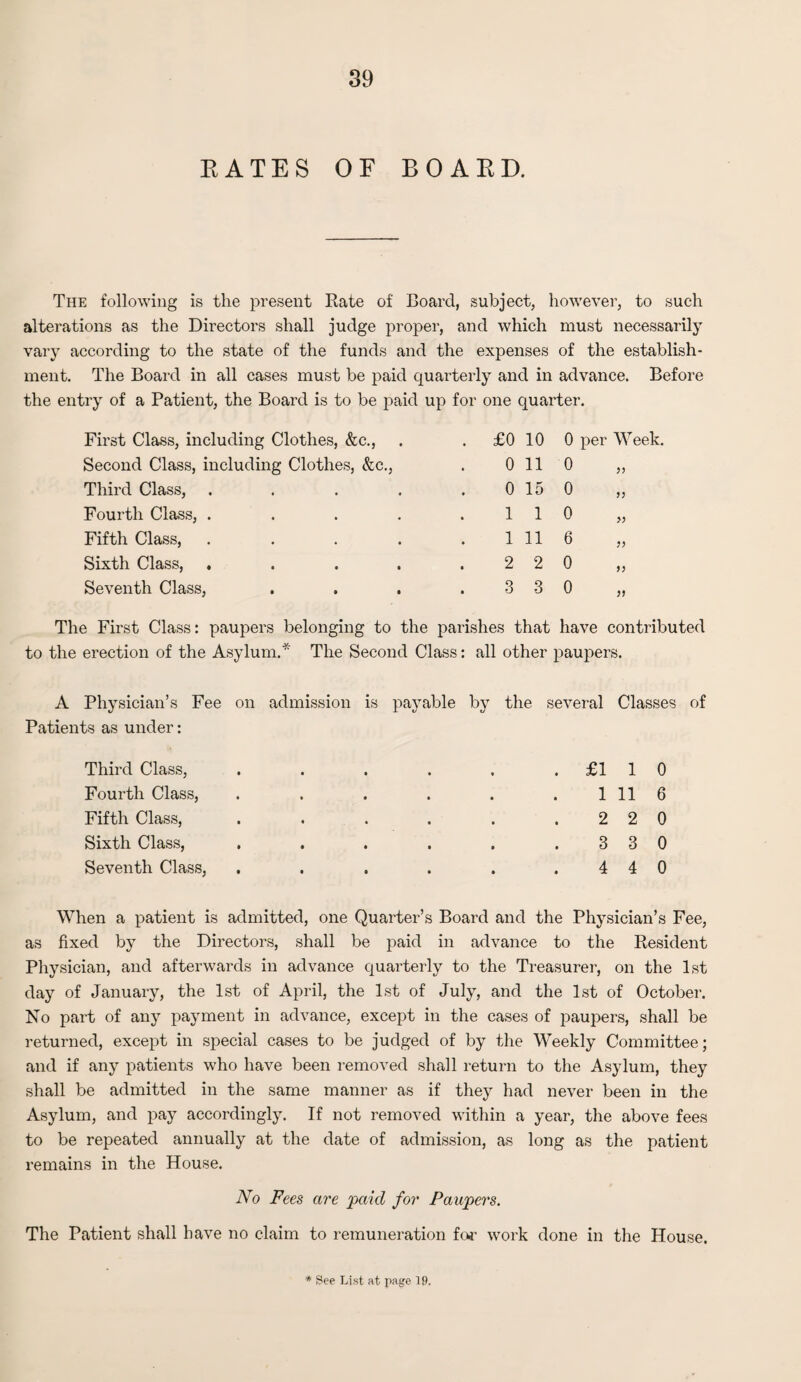 EATES OF BOAED. The following is the present Rate of Board, subject, however, to such alterations as the Directors shall judge proper, and which must necessarily vary according to the state of the funds and the expenses of the establish¬ ment. The Board in all cases must be paid quarterly and in advance. Before the entry of a Patient, the Board is to be paid up for one quarter. First Class, including Clothes, See., . £0 10 0 per Week Second Class, including Clothes, &c., 0 11 o Third Class, .... 0 15 o Fourth Class, .... 1 1 0 Fifth Class, .... 1 11 6 „ Sixth Class, .... 2 2 o Seventh Class, 3 3 o The First Class: paupers belonging to the parishes that have contributed to the erection of the Asylum.* The Second Class: all other paupers. A Physician’s Fee on admission is payable by the several Classes of Patients as under: Third Class, Fourth Class, Fifth Class, Sixth Class, Seventh Class, £1 1 0 1 11 6 2 2 0 3 3 0 4 4 0 When a patient is admitted, one Quarter’s Board and the Physician’s Fee, as fixed by the Directors, shall be paid in advance to the Resident Physician, and afterwards in advance quarterly to the Treasurer, on the 1st day of January, the 1st of April, the 1st of July, and the 1st of October. No part of any payment in advance, except in the cases of paupers, shall be returned, except in special cases to be judged of by the Weekly Committee; and if any patients who have been removed shall return to the Asylum, they shall be admitted in the same manner as if they had never been in the Asylum, and pay accordingly. If not removed within a year, the above fees to be repeated annually at the date of admission, as long as the patient remains in the House. No Fees are paid for Paupers. The Patient shall have no claim to remuneration for work done in the House. * See List at page 19.