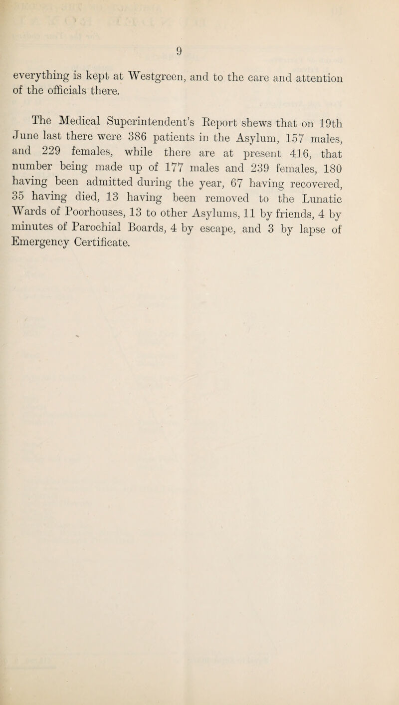 everything is kept at Westgreen, and to the care and attention of the officials there. The Medical Superintendent’s Eeport shews that on 19th June last there were 386 patients in the Asylum, 157 males, and 229 females, while there are at present 416, that number being made up of 177 males and 239 females, 180 having been admitted during the year, 67 having recovered, 35 having died, 13 having been removed to the Lunatic Wards of Poorhouses, 13 to other Asylums, 11 by friends, 4 by minutes of Parochial Boards, 4 by escape, and 3 by lapse of Emergency Certificate.