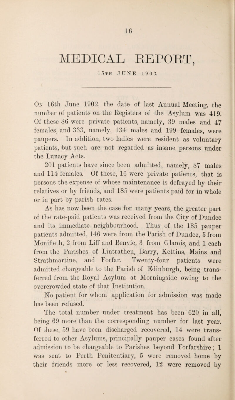 MEDICAL REPORT, 15th JUNE 190 3. On 16th June 1902, the date of last Annual Meeting, the number of patients on the Registers of the Asylum was 419. Of these 86 were private patients, namely, 39 males and 47 females, and 333, namely, 134 males and 199 females, were paupers. In addition, two ladies were resident as voluntary patients, but such are not regarded as insane persons under the Lunacy Acts. 201 patients have since been admitted, namely, 87 males and 114 females. Of these, 16 were private patients, that is persons the expense of whose maintenance is defrayed by their relatives or by friends, and 185 were patients paid for in whole or in part by parish rates. As has now been the case for many years, the greater part of the rate-paid patients was received from the City of Dundee and its immediate neighbourhood. Thus of the 185 pauper patients admitted, 146 were from the Parish of Dundee, 5 from Monifieth, 2 from Liff and Benvie, 3 from Glamis, and 1 each from the Parishes of Lintrathen, Barry, Kettins, Mains and Strathmartine, and Forfar. Twenty-four patients were admitted chargeable to the Parish of Edinburgh, being trans¬ ferred from the Royal Asylum at Morningside owing to the overcrowded state of that Institution. Ho patient for whom application for admission was made has been refused. The total number under treatment has been 620 in all, being 69 more than the corresponding number for last year. Of these, 59 have been discharged recovered, 14 were trans¬ ferred to other Asylums, principally pauper cases found after admission to be chargeable to Parishes beyond Forfarshire; 1 was sent to Perth Penitentiary, 5 were removed home by their friends more or less recovered, 12 were removed by