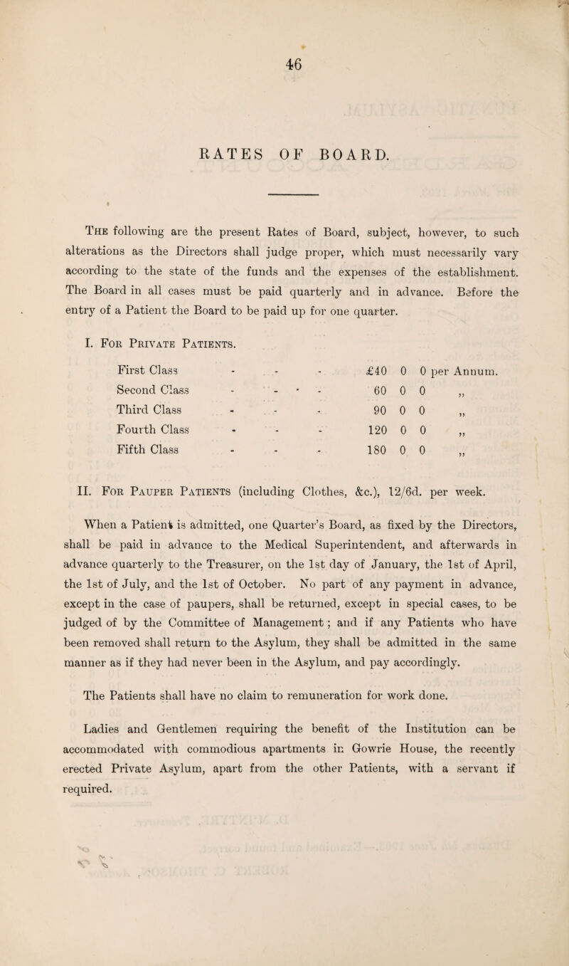 RATES OF BOARD. The following are the present Rates of Board, subject, however, to such alterations as the Directors shall judge proper, which must necessarily vary according to the state of the funds and the expenses of the establishment. The Board in all cases must be paid quarterly and in advance. Before the entry of a Patient the Board to be paid up for one quarter. I. For Private Patients. First Class - - - £40 Second Class - - 60 Third Class ... 90 Fourth Class - - - 120 Fifth Class - - - 180 0 0 0 0 0 0 per Annum. 0 0 0 0 >> >5 II. For Pauper Patients (including Clothes, &c.), 12/6d. per week. When a Patient is admitted, one Quarter’s Board, as fixed by the Directors, shall be paid in advance to the Medical Superintendent, and afterwards in advance quarterly to the Treasurer, on the 1st day of January, the 1st of April, the 1st of July, and the 1st of October. No part of any payment in advance, except in the case of paupers, shall be returned, except in special cases, to be judged of by the Committee of Management; and if any Patients who have been removed shall return to the Asylum, they shall be admitted in the same manner as if they had never been in the Asylum, and pay accordingly. The Patients shall have no claim to remuneration for work done. Ladies and Gentlemen requiring the benefit of the Institution can be accommodated with commodious apartments in Gowrie House, the recently erected Private Asylum, apart from the other Patients, with a servant if required. rv