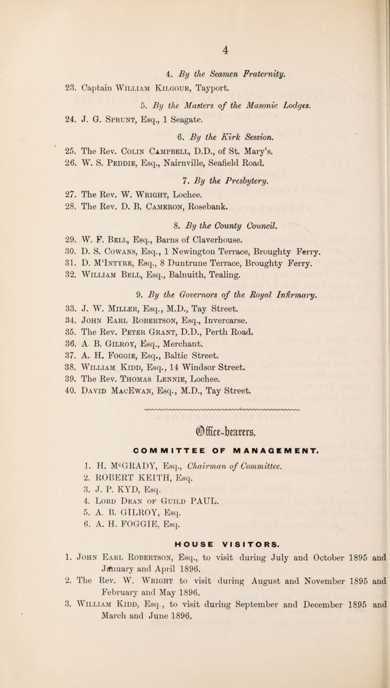 4 4. By the Seamen Fraternity. 23. Captain William Kilgour, Tayport. 5. By the Masters of the Masonic Lodges. 24. J. G. Sprunt, Esq., 1 Seagate. 6. By the Kirk Session. 25. The Rev. Colin Campbell, D.D., of St. Mary’s. 26. W. S. Peddie, Esq., Nairnville, Seafielcl Road. 7. By the Presbytery. 27. The Rev. W. Wright, Lochee. 28. The Rev. D. B. Cameron, Rosebank. 8. By the County Council. 29. W. F. Bell, Esq., Barns of Claverhouse. 30. D. S. Cowans, Esq., 1 Newington Terrace, Broughty Ferry. 31. D. MTntyre, Esq., 8 Duntrune Terrace, Broughty Ferry. 32. William Bell, Esq., Balnuith, Tealing. 9. By the Governors of the Royal Inhrmary. 33. J. W. Miller, Esq., M.D., Tay Street. 34. John Earl Robertson, Esq., Invercarse. 35. The Rev. Peter Grant, D.D., Perth Road. 36. A B. Gilroy, Esq., Merchant. 37. A. H. Foggie, Esq., Baltic Street. 38. William Kidd, Esq., 14 Windsor Street. 39. The Rev. Thomas Lennie, Lochee. 40. David MacEwan, Esq., M.D., Tay Street. ftfe-beaim COMMITTEE OF MANAGEMENT. 1. H. MCGRADY, Esq., Chairman of Committee. 2. ROBERT KEITH, Esq. 3. J. P. KYD, Esq. 4. Lord Dean of Guild PAUL. 5. A. B. GILROY, Esq. 6. A. H. FOGGIE, Esq. HOUSE VISITORS. 1. John Earl Robertson, Esq., to visit during July and October 1895 and JePnuary and April 1896. 2. The Rev. W. Wright to visit during August and November 1895 and February and May 1896. 3. William Kidd, Esq., to visit during September and December 1895 and March and June 1896.