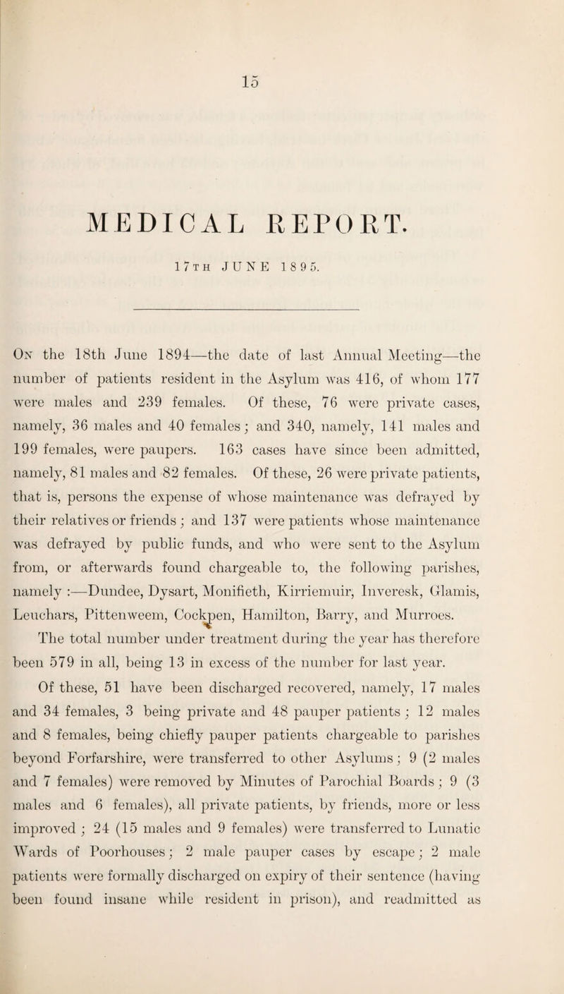 MEDICAL REPORT. 17th JUNE 189 5. On the 18th June 1894—the date of last Annual Meeting—the number of patients resident in the Asylum was 416, of whom 177 were males and 239 females. Of these, 76 were private cases, namely, 36 males and 40 females; and 340, namely, 141 males and 199 females, were paupers. 163 cases have since been admitted, namely, 81 males and 82 females. Of these, 26 were private patients, that is, persons the expense of whose maintenance was defrayed by their relatives or friends ; and 137 were patients whose maintenance was defrayed by public funds, and who were sent to the Asylum from, or afterwards found chargeable to, the following parishes, namely :—Dundee, Dysart, Monifieth, Kirriemuir, Inveresk, Glamis, Leuchars, Pittenweem, Cockjoen, Hamilton, Barry, and Murroes. The total number under treatment during the year has therefore been 579 in all, being 13 in excess of the number for last year. Of these, 51 have been discharged recovered, namely, 17 males and 34 females, 3 being private and 48 pauper patients ; 12 males and 8 females, being chiefly pauper patients chargeable to parishes beyond Forfarshire, were transferred to other Asylums; 9 (2 males and 7 females) were removed by Minutes of Parochial Boards; 9 (3 males and 6 females), all private patients, by friends, more or less improved ; 24 (15 males and 9 females) were transferred to Lunatic Wards of Poorhouses; 2 male pauper cases by escape; 2 male patients were formally discharged on expiry of their sentence (having been found insane while resident in prison), and readmitted as