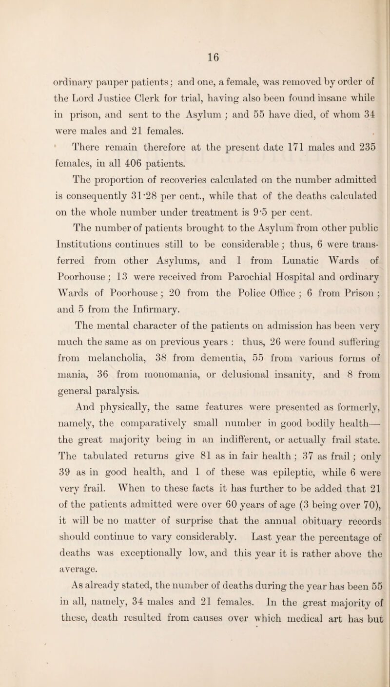 ordinary pauper patients; and one, a female, was removed by order of the Lord Justice Clerk for trial, having also been found insane while in prison, and sent to the Asylum ; and 55 have died, of whom 34 were males and 21 females. There remain therefore at the present date 171 males and 235 females, in all 406 patients. The proportion of recoveries calculated on the number admitted is consequently 31 *28 per cent., while that of the deaths calculated on the whole number under treatment is 9 *5 per cent. The number of patients brought to the Asylum from other public Institutions continues still to be considerable; thus, 6 were trans¬ ferred from other Asylums, and 1 from Lunatic Wards of Poorhouse; 13 were received from Parochial Hospital and ordinary Wards of Poorhouse; 20 from the Police Office ; 6 from Prison ; and 5 from the Infirmary. The mental character of the patients on admission has been very much the same as on previous years : thus, 26 were found suffering from melancholia, 38 from dementia, 55 from various forms of mania, 36 from monomania, or delusional insanity, and 8 from general paralysis. And physically, the same features were presented as formerly, namely, the comparatively small number in good bodily health— the great majority being in an indifferent, or actually frail state. The tabulated returns give 81 as in fair health ; 37 as frail; only 39 as in good health, and 1 of these was epileptic, while 6 were very frail. When to these facts it has further to be added that 21 of the patients admitted were over 60 years of age (3 being over 70), it will be no matter of surprise that the annual obituary records should continue to vary considerably. Last year the percentage of deaths was exceptionally low, and this year it is rather above the average. As already stated, the number of deaths during the year has been 55 in all, namely, 34 males and 21 females. In the great majority of these, death resulted from causes over which medical art has but