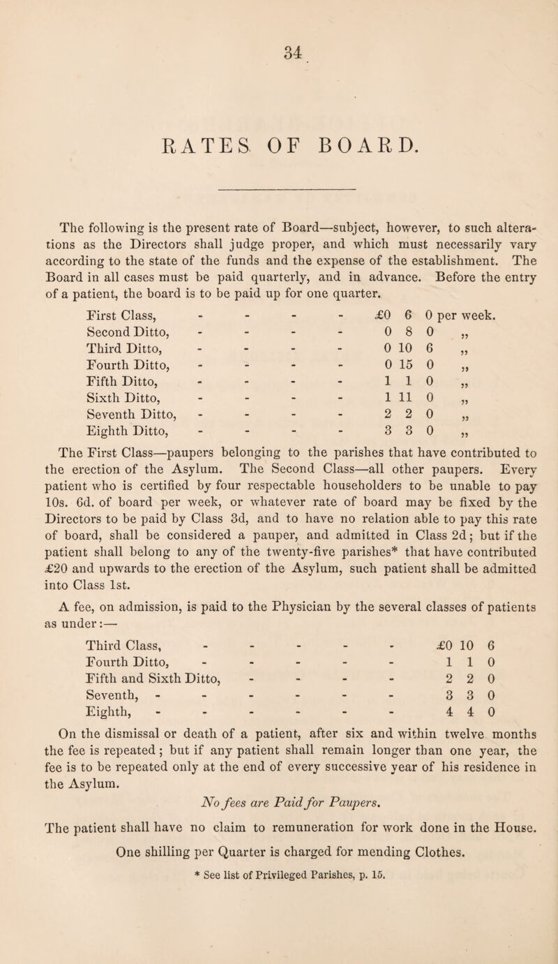 RATES OF BOARD. The following is the present rate of Board—subject, however, to such altera¬ tions as the Directors shall judge proper, and which must necessarily vary according to the state of the funds and the expense of the establishment. The Board in all cases must be paid quarterly, and in advance. Before the entry of a patient, the board is to be paid up for one quarter. First Class, - - - £0 6 0 per week Second Ditto, - - h 0 8 0 55 Third Ditto, - - - 0 10 6 55 Fourth Ditto, - - - 0 15 0 59 Fifth Ditto, - - - 1 1 0 95 Sixth Ditto, - - - 1 11 0 55 Seventh Ditto, - - - 2 2 0 95 Eighth Ditto, - - 3 3 0 55 The First Class—paupers belonging to the parishes that have contributed to the erection of the Asylum. The Second Class—all other paupers. Every patient who is certified by four respectable householders to be unable to pay 10s. 6d. of board per week, or whatever rate of board may be fixed by the Directors to be paid by Class 3d, and to have no relation able to pay this rate of board, shall be considered a pauper, and admitted in Class 2d; but if the patient shall belong to any of the twenty-five parishes* that have contributed £20 and upwards to the erection of the Asylum, such patient shall be admitted into Class 1st. A fee, on admission, is paid to the Physician by the several classes of patients as under:— Third Class, - - - - - £0 10 6 Fourth Ditto, - - - - - 110 Fifth and Sixth Ditto, - - - - 2 2 0 Seventh, - - - - - - 330 Eighth, - - - - - - 440 On the dismissal or death of a patient, after six and within twelve months the fee is repeated ; but if any patient shall remain longer than one year, the fee is to be repeated only at the end of every successive year of his residence in the Asylum. No fees are Paid for Paupers. The patient shall have no claim to remuneration for work done in the House. One shilling per Quarter is charged for mending Clothes. * See list of Privileged Parishes, p. 15.