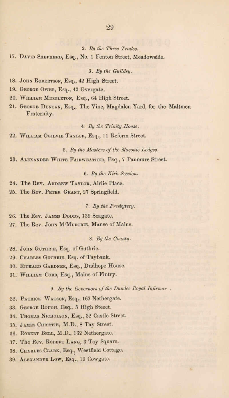 2. By the Three Trades. 17. David Shepherd, Esq., No. 1 Fenton Street, Meadowside. 3. By the Guildry. 18. John Robertson, Esq., 42 High Street. 19. George Ower, Esq., 42 Overgate. 20. William Middleton, Esq., 64 High Street. 21. George Duncan, Esq., The Vine, Magdalen Yard, for the Maltmen Fraternity. 4. By the Trinity House. 22. William Ogilvie Taylor, Esq., 11 Reform Street. 5. By the Masters of the Masonic Lodges. 23. Alexander White Fairweather, Esq., 7 Panmure Street. 6. By the KirJc Session. 24. The Rev. Andrew Taylor, Airlie Place. 25. The Rev. Peter Grant, 27 Springfield. 7. By the Presbytery. 26. The Rev. James Dodds, 139 Seagate. 27. The Rev. John M‘Murtrie, Manse of Mains. 8. By the County. 28. John Guthrie, Esq. of Guthrie. 29. Charles Guthrie, Esq. of Taybank. 30. Richard Gardner, Esq., Dudhope House. 31. William Cobb, Esq., Mains of Fintry. 9. By the Governors of the Dundee Royal Infirmar . 32. Patrick Watson, Esq., 162 Nethergate. 33. George Rough, Esq.. 5 High Steeet. 34. Thomas Nicholson, Esq., 32 Castle Street. 35. James Christie, M.D., 8 Tay Street. 36. Robert Bell, M.D., 162 Nethergate. 37. The Rev. Robert Lang, 3 Tay Square. 38. Charles Clark, Esq., Westfield Cottage. 39. Alexander Low, Esq., 19 Cow gate.