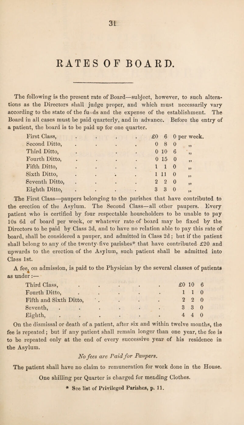 RATES OF BOARD. The following is the present rate of Board—subject, however, to such altera¬ tions as the Directors shall judge proper, and which must necessarily vary according to the state of the funds and the expense of the establishment. The Board in all cases must be paid quarterly, and in advance. Before the entry of a patient, the board is to be paid up for one quarter. First Class, • • £0 6 0 per week Second Ditto, • • 0 8 0 „ Third Ditto, • 0 10 6 Fourth Ditto, • • 0 15 0 Fifth Ditto, • • 1 1 o Sixth Ditto, • • 1 11 o Seventh Ditto, • • 2 2 o Eighth Ditto, • • 3 3 o The First Class—paupers belonging to the parishes that have contributed to the erection of the Asylum. The Second Class—all other paupers. Every patient who is certified by four respectable householders to be unable to pay 10s 6d of board per week, or whatever rate of board may be fixed by the Directors to be paid by Class 3d, and to have no relation able to pay this rate of board, shall be considered a pauper, and admitted in Class 2d ; but if the patient shall belong to any of the twenty-five parishes* that have contributed £20 and upwards to the erection of the Asylum, such patient shall be admitted into Class 1st. A fee^ on admission, is paid to the Physician by the several classes of patients as under:— Third Class, Fourth Ditto, Fifth and Sixth Ditto, Seventh, Eighth, £0 10 1 1 2 2 3 3 4 4 6 0 0 0 0 On the dismissal or death of a patient, after six and within twelve months, the fee is repeated ; but if any patient shall remain longer than one year, the fee is to be repeated only at the end of every successive year of his residence in the Asylum. No fees are Paid for Paupers. The patient shall have no claim to remuneration for vrork done in the House. One shilling per Quarter is charged for mending Clothes. * See list of Privileged Parishes, p. 11.