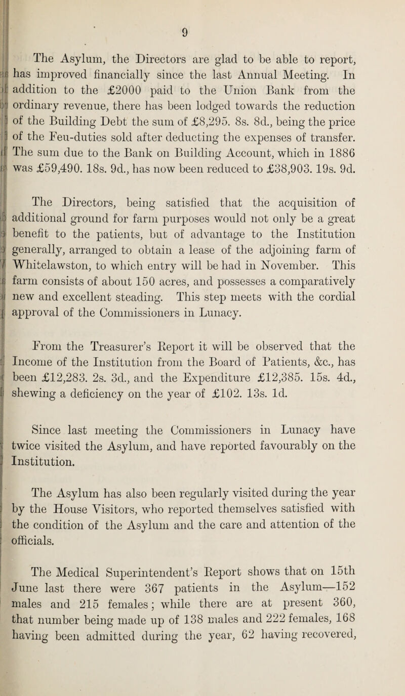 The Asylum, the Directors are glad to be able to report, has improved financially since the last Annual Meeting. In addition to the £2000 paid to the Union Bank from the ordinary revenue, there has been lodged towards the reduction of the Building Debt the sum of £8,295. 8s. 8d., being the price of the Feu-duties sold after deducting the expenses of transfer. The sum due to the Bank on Building Account, which in 1886 was £59,490. 18s. 9d., has now been reduced to £38,903.19s. 9d. The Directors, being satisfied that the acquisition of additional ground for farm purposes would not only be a great benefit to the patients, but of advantage to the Institution generally, arranged to obtain a lease of the adjoining farm of Whitelawston, to which entry will be had in November. This I farm consists of about 150 acres, and possesses a comparatively new and excellent steading. This step meets with the cordial approval of the Commissioners in Lunacy. From the Treasurer’s Report it will be observed that the Income of the Institution from the Board of Patients, &c., has | been £12,283. 2s. 3d., and the Expenditure £12,385. 15s. 4d., I shewing a deficiency on the year of £102. 13s. Id. Since last meeting the Commissioners in Lunacy have '< twice visited the Asylum, and have reported favourably on the Institution. The Asylum has also been regularly visited during the year by the House Visitors, who reported themselves satisfied with the condition of the Asylum and the care and attention of the officials. The Medical Superintendent’s Report shows that on 15th June last there were 367 patients in the Asylum—152 males and 215 females; while there are at present 360, that number being made up of 138 males and 222 females, 168 having been admitted during the year, 62 having recovered,