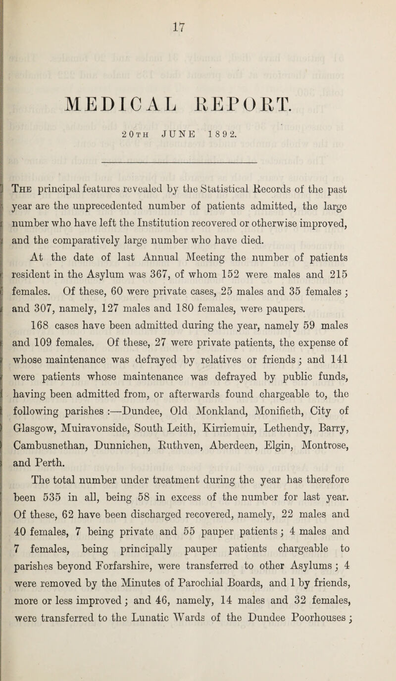 MEDICAL REPORT. 20 th JUNE 189 2. The principal features revealed by the Statistical Records of the past year are the unprecedented number of patients admitted, the large I number who have left the Institution recovered or otherwise improved, (and the comparatively large number who have died. At the date of last Annual Meeting the number of patients | resident in the Asylum was 367, of whom 152 were males and 215 females. Of these, 60 were private cases, 25 males and 35 females ; and 307, namely, 127 males and 180 females, were paupers. 168 cases have been admitted during the year, namely 59 males and 109 females. Of these, 27 were private patients, the expense of whose maintenance was defrayed by relatives or friends ; and 141 Iwere patients whose maintenance was defrayed by public funds, having been admitted from, or afterwards found chargeable to, the I following parishes :—Dundee, Old Monkland, Monifieth, City of ) Glasgow, Muiravonside, South Leith, Kirriemuir, Lethendy, Barry, I Cambusnethan, Dunnichen, Ruthven, Aberdeen, Elgin, Montrose, 3 and Perth. The total number under treatment during the year has therefore been 535 in all, being 58 in excess of the number for last year. Of these, 62 have been discharged recovered, namely, 22 males and 40 females, 7 being private and 55 pauper patients; 4 males and 7 females, being principally pauper patients chargeable to parishes beyond Forfarshire, were transferred to other Asylums; 4 were removed by the Minutes of Parochial Boards, and 1 by friends, more or less improved; and 46, namely, 14 males and 32 females, were transferred to the Lunatic Wards of the Dundee Poorhouses;