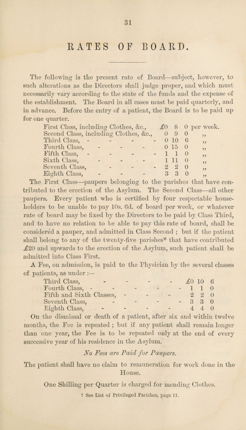 RATES OF BOARD. 0 per week. 0 6 0 0 0 0 0 JJ 5J 5) J? The following is the present rate of Board—subject, however, to such alterations as the Directors shall judge proper, and which must necessarily vary according to the state of the funds and the expense of the establishment. The Board in all cases must be paid quarterly, and ill advance. Before the entry of a patient, the Board is to be paid up for one quarter. First Class, including Clothes, &c., £0 8 Second Class, including Clothes, &c., 0 9 Third Class, - - - - 0 10 Fourth Class, - - - 0 15 Fifth Class, - - - - 1 1 Sixth Class, - - - 1 11 Seventh Class, - - - 2 2 Eighth Class, - - - 3 3 The First Class—paupers belonging to the parishes that have con¬ tributed to the erection of the Asylum. The Second Class—all other paupers. Every patient who is certified by four respectable house¬ holders to be unable to pay 10s. 6d. of board per week, or whatever rate of board may be fixed by the Directors to be paid by Class Third, and to have no relation to be able to pay this rate of board, shall be considered a pauper, and admitted in Class Second ; but if the patient shall belong to any of the twenty-five parishes* that have contributed £20 and upwards to the erection of the Asylum, such patient shall be admitted into Class First. A Fee, on admission, is paid to the Physician by the several classes of patients, as under Third Class, » - - - £0 10 6 Fourth Class, - - - - -110 Fifth and Sixth Classes, - - - 2 2 0 Seventh Class, - - - - 3 3 0 Eighth Class, - - - - 4 4 0 On the dismissal or death of a patient, after six and within twelve months, the Fee is repeated ; but if any patient shall remain longer than one year, the Fee is to be repeated only at the end of every successive year of his residence in the Asylum. JVo Fees are Paid for Paupers. The patient shall have no claim to remuneration for work done in the House. One Shilling per Quarter is charged for mending Clothes. t See List of Privileged Parishes, X)age 11.