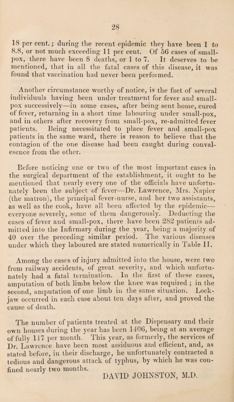 18 per cent.; during the recent epidemic they have been 1 to 8.8, or not much exceeding 11 per cent. Of 56 cases of small¬ pox, there have been 8 deaths, or 1 to 7. It deserves to he mentioned, that in all the fatal cases of this disease, it was found that vaccination had never been performed. Another circumstance worthy of notice, is the fact of several individuuls having been under treatment for fever and small¬ pox successively—in some cases, after being sent home, cured of fever, returning in a short time labouring under small-pox, and in others after recovery from small-pox, re-admitted fever patients. Being necessitated to place fever and small-pox patients in the same ward, there is reason to believe that the contagion of the one disease had been caught during conval- esence from the other. Before noticing one or two of the most important cases in the surgical department of the establishment, it ought to be mentioned that nearly every one of the officials have unfortu¬ nately been the subject of fever—Dr. Lawrence, Mrs. Napier (the matron), the principal fever-nurse, and her two assistants, as well as the cook, have all been affected by the epidemic— everyone severely, some of them dangerously. Deducting the cases of fever and small-pox, there have been 282 patients ad¬ mitted into the Infirmary during the year, being a majority of 40 over the preceding similar period. The various diseases under which they laboured are stated numerically in Table II. Among the cases of injury admitted into the house, were two from railway accidents, of great severity, and which unfortu¬ nately had a fatal termination. In the first of these cases, amputation of both limbs below the knee was required ; in the second, amputation of one limb in the same situation. Lock¬ jaw occurred in each case about ten days after, and proved the cause of death. The number of patients treated at the Dispensary and their own houses during the year has been 1406, being at an average of fully 117 per month. This year, as formerly, the services of Dr. Lawrence have been most assiduous and efficient, and, as stated before, in their discharge, he unfortunately contracted a tedious and dangerous attack of typhus, by which he was con¬ fined nearly two months. DAVID JOHNSTON, M.D.