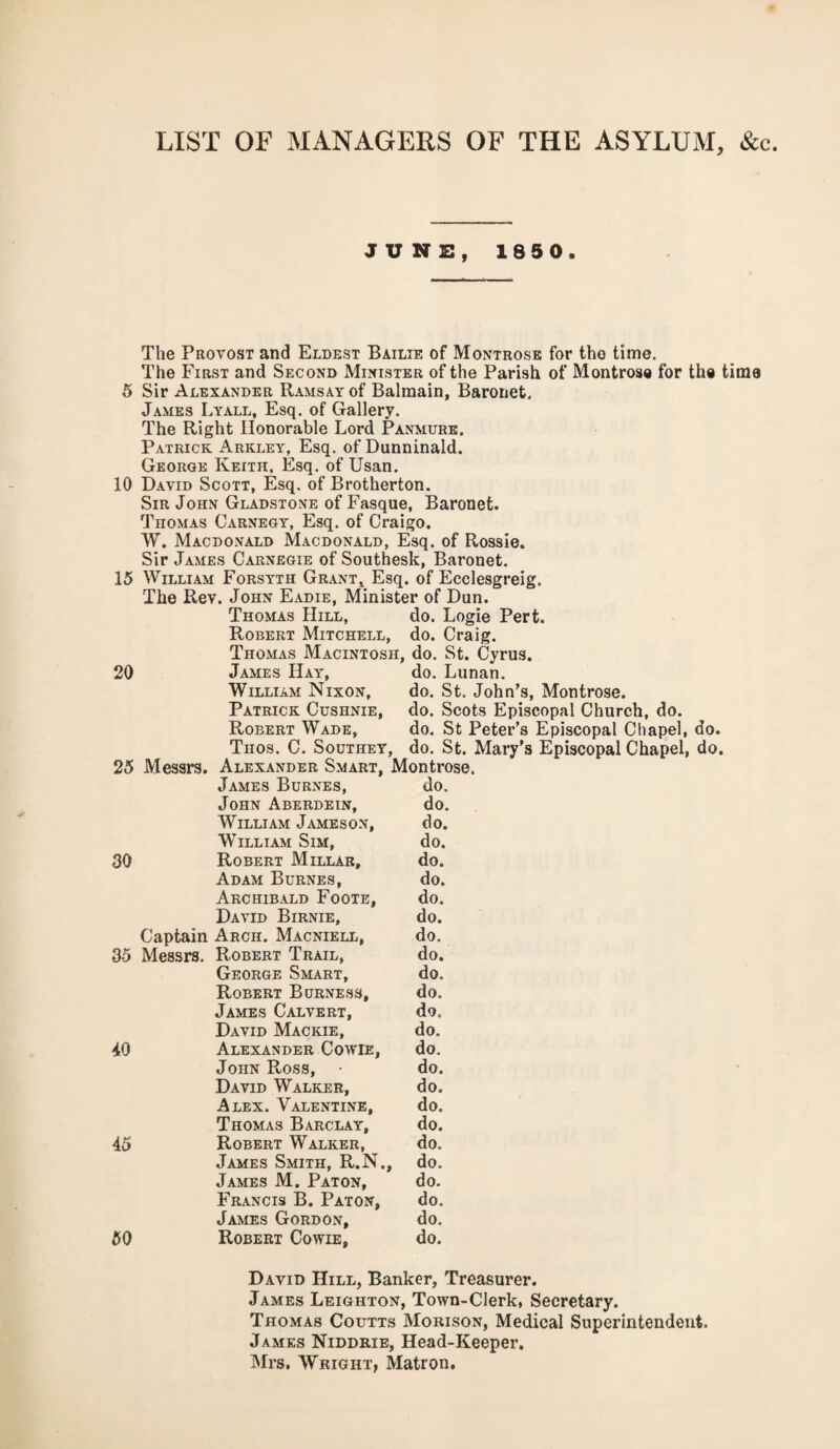 LIST OF MANAGERS OF THE ASYLUM, &c JUNE, 1850. The Provost and Eldest Bailie of Montrose for tho time. The First and Second Minister of the Parish of Montrose for the time 5 Sir Alexander Ramsay of Balmain, Baronet. James Lyall, Esq. of Gallery. The Right Honorable Lord Panmure. Patrick Arkley, Esq. of Dunninald. George Keith, Esq. of Usan. 10 David Scott, Esq. of Brotherton. Sir John Gladstone of Fasque, Baronet. Thomas Carnegy, Esq. of Craigo. W. Macdonald Macdonald, Esq. of Rossie. Sir James Carnegie of Southesk, Baronet. 15 William Forsyth Grant, Esq. of Ecclesgreig. The Rev. John Eadie, Minister of Dun. Thomas Hill, do. Logie Pert. Robert Mitchell, do. Craig. Thomas Macintosh, do. St. Cyrus. 20 James Hay, do. Lunan. William Nixon, do. St. John’s, Montrose. Patrick Cushnie, do. Scots Episcopal Church, do. Robert Wade, do. St Peter’s Episcopal Chapel, do. Thos. C. Southey, do. St. Mary’s Episcopal Chapel, do. 25 Messrs. Alexander Smart, Montrose. James Burnes, do. John Aberdein, do. William Jameson, do. William Sim, do. 30 Robert Millar, do. Adam Burnes, do. Archibald Foote, do. David Birnie, do. Captain Arch. Macniell, do. 35 Messrs. Robert Trail, do. George Smart, do. Robert Burness, do. James Calvert, do. David Mackie, do. 40 Alexander Cowie, do. John Ross, • do. David Walker, do. Alex. Valentine, do. Thomas Barclay, do. 45 Robert Walker, do. James Smith, R.N., do. James M. Paton, do. Francis B. Paton, do. James Gordon, do. 50 Robert Cowie, do. David Hill, Banker, Treasurer. James Leighton, Town-Clerk, Secretary. Thomas Coutts Morison, Medical Superintendent. James Niddrie, Head-Keeper. Mrs. Wright, Matron.