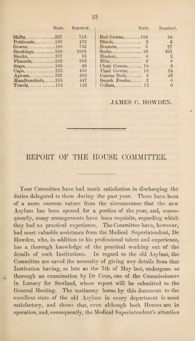 Made. .Repaired. Made. Repaired; Shifts,. ....237 716 Bed Gowns....... ....108 86 Petticoats,. ....198 432 Blinds,. .... 2 6 Gowns,. ....180 752 Bonnets,. .... 3 27 Stockings,. ....290 1008 Socks,. .... 88 361 Stocks,... ....287 83 Binders,. .... 0 2 Flannels,. ....262 885 Bibs,. .... 3 0 Stays,. ....160 69 Chair Covers,.... .... 10 8 Caps,. ....222 436 Plaid Gowns,.... ... 10 24 Aprons,. ....351 506 Canvas Beds,.... A 43 Handkerchiefs,.. ....318 447 Smock Frocks,.. .... 2 0 Towels,. ....184 123 Collars,. .... 12 0 JAMES a HOWDENi EEPGET OF THE HOUSE COMMITTEE. Your Committee have had much satisfaction in discharging the duties delegated to them during the past year. These have been of a more onerous nature from the circumstance that the new Asylum has been opened for a portion of the year, and, conse¬ quently, many arrangements have been requisite, regarding which they had no practical experience. The Committee have, however, had most valuable assistance from the Medical Superintendent, Dr Howden, who, in addition to his professional talent and experience, has a thorough knowledge of the practical working out of the details of such Institutions. In regard to the old Asyluiri, the Committee are saved the necessity of giving any details from that Institution having, so late as the 7th of May lastj undergone so thorough an examination by Dr Coxe, one of the Commissioners in Lunacy for Scotland, whose report will be submitted to the General Meeting, The testimony borne by this document to the excellent state of the old Asylum in every department is most Satisfactory, and shows that, even although both Houses are in operation, and, consequently, the Medical Superintendent’s attention