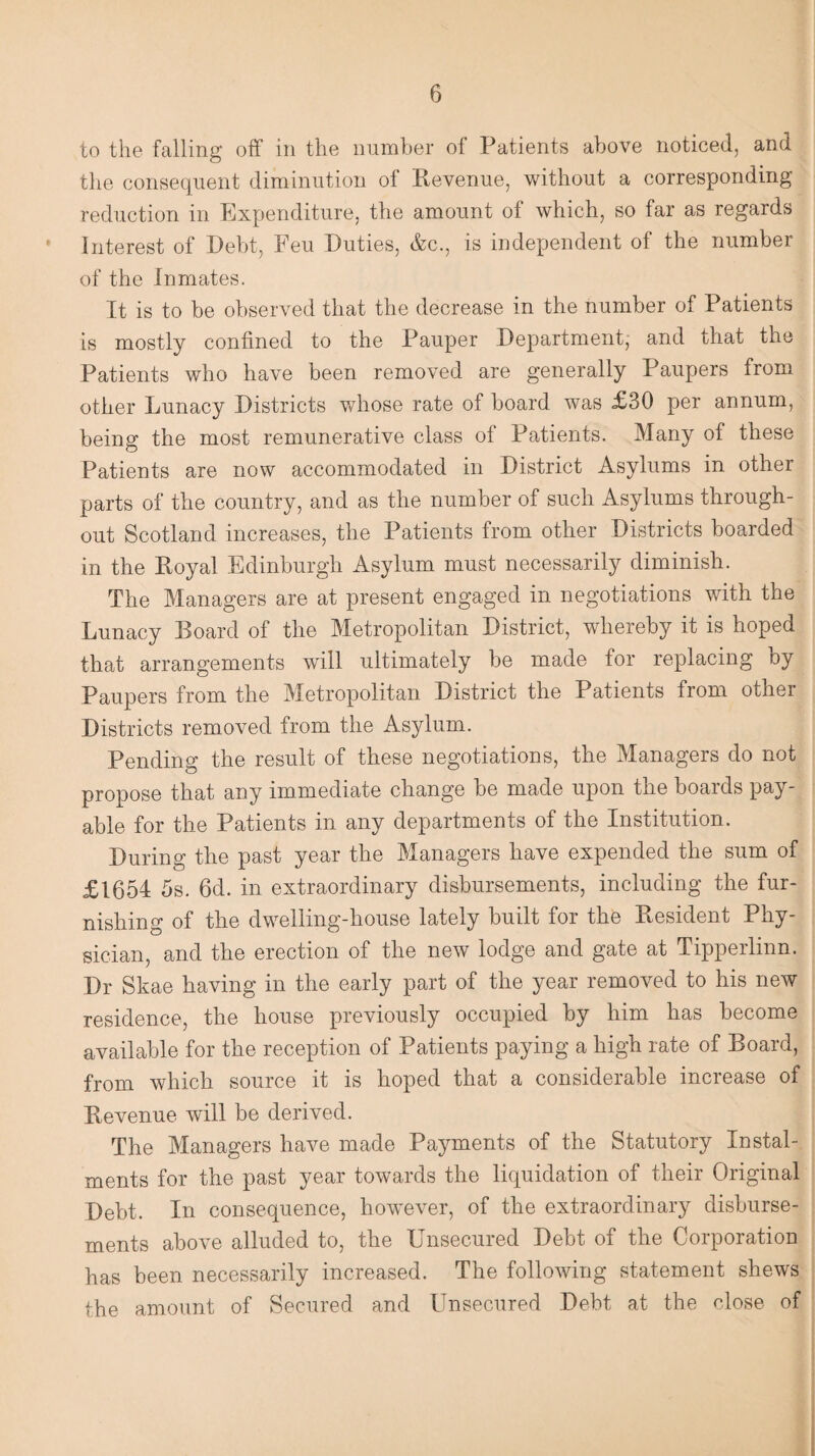 to the falling off in the number of Patients above noticed, and the consequent diminution of Revenue, without a corresponding reduction in Expenditure, the amount of which, so far as regards Interest of Debt, Feu Duties, &c., is independent of the number of the Inmates. It is to be observed that the decrease in the number of Patients is mostly confined to the Pauper Department, and that the Patients who have been removed are generally Paupers from other Lunacy Districts whose rate of board was £30 per annum, being the most remunerative class of Patients. Many of these Patients are now accommodated in District Asylums in other parts of the country, and as the number of such Asylums through¬ out Scotland increases, the Patients from other Districts boarded in the Royal Edinburgh Asylum must necessarily diminish. The Managers are at present engaged in negotiations with the Lunacy Board of the Metropolitan District, whereby it is hoped that arrangements will ultimately be made for replacing by Paupers from the Metropolitan District the Patients from other Districts removed from the Asylum. Pending the result of these negotiations, the Managers do not propose that any immediate change be made upon the boards pay¬ able for the Patients in any departments of the Institution. During the past year the Managers have expended the sum of £1654 5s. 6d. in extraordinary disbursements, including the fur¬ nishing of the dwelling-house lately built for the Resident Phy¬ sician, and the erection of the new lodge and gate at Tipperlinn. Dr Skae having in the early part of the year removed to his new residence, the house previously occupied by him has become available for the reception of Patients paying a high rate of Board, from which source it is hoped that a considerable increase of Revenue will be derived. The Managers have made Payments of the Statutory Instal¬ ments for the past year towards the liquidation of their Original Debt. In consequence, however, of the extraordinary disburse¬ ments above alluded to, the Unsecured Debt of the Corporation has been necessarily increased. The following statement shews the amount of Secured and Unsecured Debt at the close of