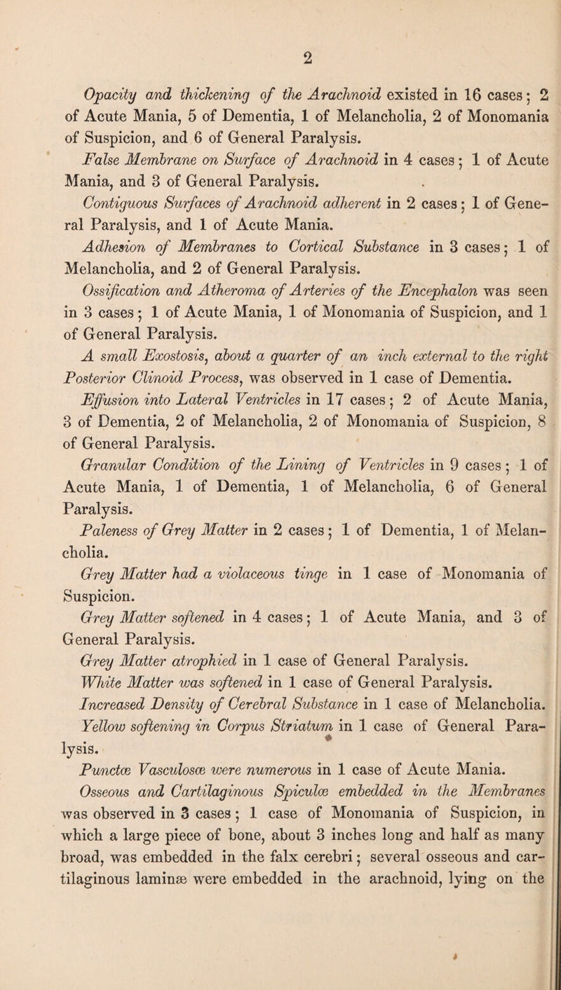 Opacity and thickening of the Arachnoid existed in 16 cases; 2 of Acute Mania, 5 of Dementia, 1 of Melancholia, 2 of Monomania of Suspicion, and 6 of General Paralysis. False Membrane on Surface of Arachnoid in 4 cases ; 1 of Acute Mania, and 3 of General Paralysis. Contiguous Surfaces of Arachnoid adherent in 2 cases; 1 of Gene¬ ral Paralysis, and 1 of Acute Mania. Adhesion of Membranes to Cortical Substance in 3 cases ; 1 of Melancholia, and 2 of General Paralysis. Ossification and Atheroma of Arteries of the Encephalon was seen in 3 cases; 1 of Acute Mania, 1 of Monomania of Suspicion, and 1 of General Paralysis. A small Exostosis, about a quarter of an inch external to the right Posterior Clinoid Process, was observed in 1 case of Dementia. Effusion into Lateral Ventricles in IT cases ; 2 of Acute Mania, 3 of Dementia, 2 of Melancholia, 2 of Monomania of Suspicion, 8 of General Paralysis. Granular Condition of the Lining of Ventricles in 9 cases; 1 of Acute Mania, 1 of Dementia, 1 of Melancholia, 6 of General Paralysis. Paleness of Grey Matter in 2 cases; 1 of Dementia, 1 of Melan¬ cholia. Grey Matter had a violaceous tinge in 1 case of Monomania of Suspicion. Grey Matter softened in 4 cases; 1 of Acute Mania, and 3 of General Paralysis. Grey Matter atrophied in 1 case of General Paralysis. White Matter was softened in 1 case of General Paralysis. Increased Density of Cerebral Substance in 1 case of Melancholia. Yellow softening in Corpus Striatum in 1 case of General Para¬ lysis. Punctce Vasculosce were numerous in 1 case of Acute Mania. Osseous and Cartilaginous Spiculoe embedded in the Membranes was observed in 3 cases; 1 case of Monomania of Suspicion, in which a large piece of bone, about 3 inches long and half as many broad, was embedded in the falx cerebri; several osseous and car¬ tilaginous laminae were embedded in the arachnoid, lying on the t