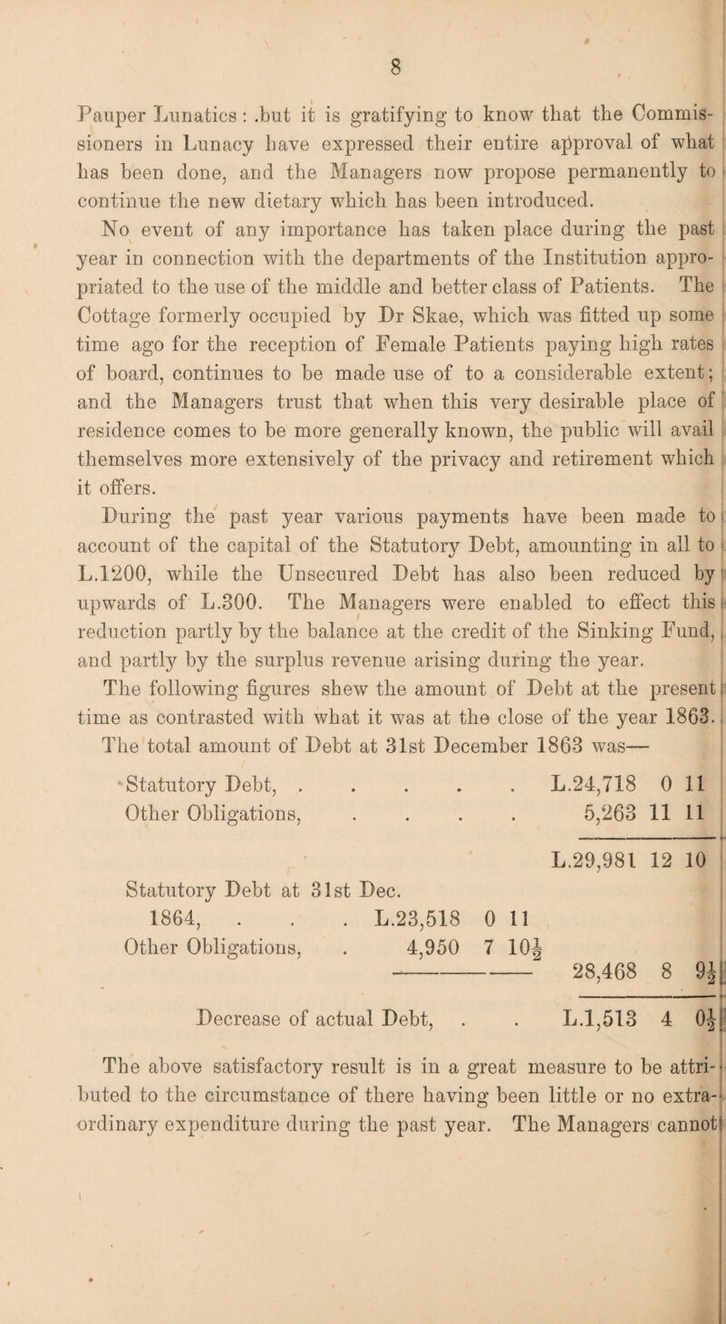 $ Pauper Lunatics: .but it is gratifying to know that the Commis¬ sioners in Lunacy have expressed their entire approval of what has been done, and the Managers now propose permanently to continue the new dietary which has been introduced. No event of any importance has taken place during the past year in connection with the departments of the Institution appro¬ priated to the use of the middle and better class of Patients. The Cottage formerly occupied by Dr Skae, which was fitted up some time ago for the reception of Female Patients paying high rates of board, continues to be made use of to a considerable extent: and the Managers trust that when this very desirable place of residence comes to be more generally known, the public will avail themselves more extensively of the privacy and retirement which it offers. During the past year various payments have been made to \ account of the capital of the Statutory Debt, amounting in all to L.P200, while the Unsecured Debt has also been reduced by i upwards of L.800. The Managers were enabled to effect this i reduction partly by the balance at the credit of the Sinking Fund,, and partly by the surplus revenue arising during the year. The following figures shew the amount of Debt at the present i time as contrasted with what it was at the close of the year 1863. The total amount of Debt at 31st December 1863 was— Statutory Debt, ..... L.24,718 0 11 Other Obligations, .... 5,263 11 11 -- L.29,981 12 10 Statutory Debt at 31st Dec. 1864, . . . L.23,518 0 11 Other Obligations, . 4,950 7 10J -- 28,468 8 9J --- Decrease of actual Debt, . . L.1,513 4 0-|- The above satisfactory result is in a great measure to be attri¬ buted to the circumstance of there having been little or no extra¬ ordinary expenditure during the past year. The Managers cannot* I