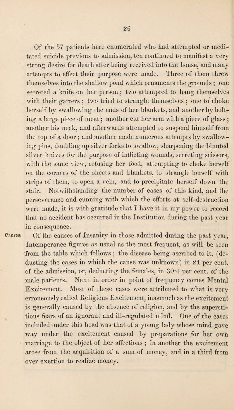 Of the 57 patients here enumerated who had attempted or medi¬ tated suicide previous to admission, ten continued to manifest a very strong desire for death after being received into the house, and many attempts to effect their purpose were made. Three of them threw themselves into the shallow pond which ornaments the grounds • one secreted a knife on her person ; two attempted to hang themselves with their garters ; two tried to strangle themselves • one to choke herself by swallowing the ends of her blankets, and another by bolt¬ ing a large piece of meat; another cut her arm with a piece of glass ; another his neck, and afterwards attempted to suspend himself from the top of a door; and another made numerous attempts by swallow¬ ing pins, doubling up silver forks to swallow, sharpening the blunted silver knives for the purpose of inflicting wounds, secreting scissors, with the same view, refusing her food, attempting to choke herself on the corners of the sheets and blankets, to strangle herself with strips of them, to open a vein, and to precipitate herself down the stair. Notwithstanding the number of cases of this kind, and the perseverance and cunning with which the efforts at self-destruction were made, it is with gratitude that I have it in my power to record that no accident has occurred in the Institution during the past year in consequence. Causes. Of the causes of Insanity in those admitted during the past year, Intemperance figures as usual as the most frequent, as will be seen from the table which follows ; the disease being ascribed to it, (de¬ ducting the cases in which the cause was unknown) in 24 per cent, of the admission, or, deducting the females, in 30’4 per cent, of the male patients. Next in order in point of frequency comes Mental Excitement. Most of these cases were attributed to what is very erroneously called Religious Excitement, inasmuch as the excitement is generally caused by the absence of religion, and by the supersti¬ tious fears of an ignorant and ill-regulated mind. One , of the cases included under this head was that of a young lady whose mind gave way under the excitement caused by preparations for her own marriage to the object of her affections ; in another the excitement arose from the acquisition of a sum of money, and in a third from over exertion to realize monev. %/