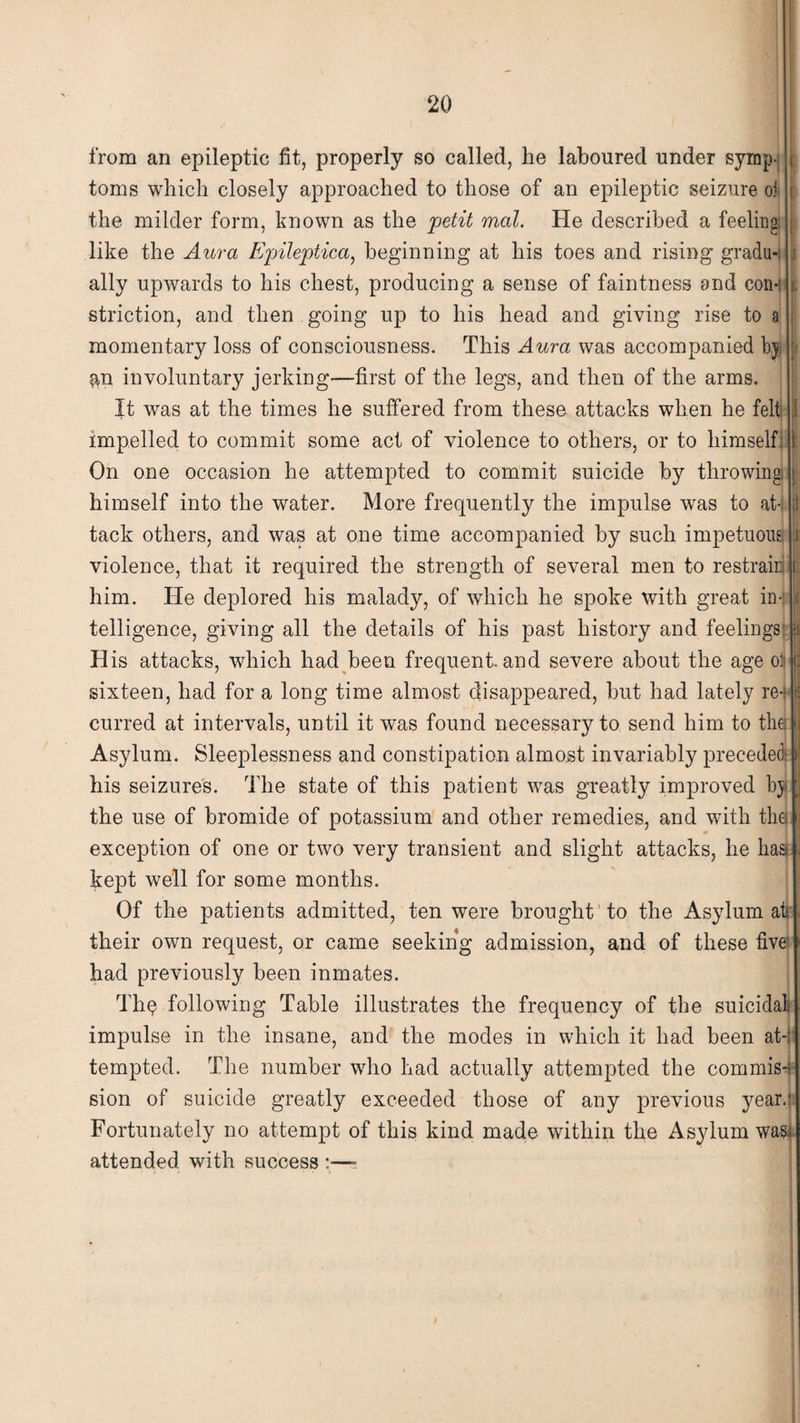 from an epileptic fit, properly so called, he laboured under symp¬ toms which closely approached to those of an epileptic seizure oi the milder form, known as the petit mat. He described a feeling: like the Aura Epileptica, beginning at his toes and rising gradu-i ally upwards to his chest, producing a sense of faintness and com striction, and then going up to his head and giving rise to a momentary loss of consciousness. This Aura was accompanied byi an involuntary jerking—first of the legs, and then of the arms. It was at the times he suffered from these attacks when he felt impelled to commit some act of violence to others, or to himself. On one occasion he attempted to commit suicide by throwing, himself into the water. More frequently the impulse wras to at tack others, and was at one time accompanied by such impetuous violence, that it required the strength of several men to restrain him. He deplored his malady, of which he spoke with great in¬ telligence, giving all the details of his past history and feelings His attacks, which had been frequent and severe about the age oi sixteen, had for a long time almost disappeared, but had lately re-; curred at intervals, until it was found necessary to send him to the Asylum. Sleeplessness and constipation almost invariably preceded his seizures. The state of this patient was greatly improved bj the use of bromide of potassium and other remedies, and with the. exception of one or two very transient and slight attacks, he has kept well for some months. Of the patients admitted, ten were brought to the Asylum at their own request, or came seeking admission, and of these five had previously been inmates. Th§ following Table illustrates the frequency of the suicidal impulse in the insane, and the modes in which it had been at-: tempted. The number who had actually attempted the eommis*? sion of suicide greatly exceeded those of any previous year.1 Fortunately no attempt of this kind made within the Asylum wa^ attended with success :—-