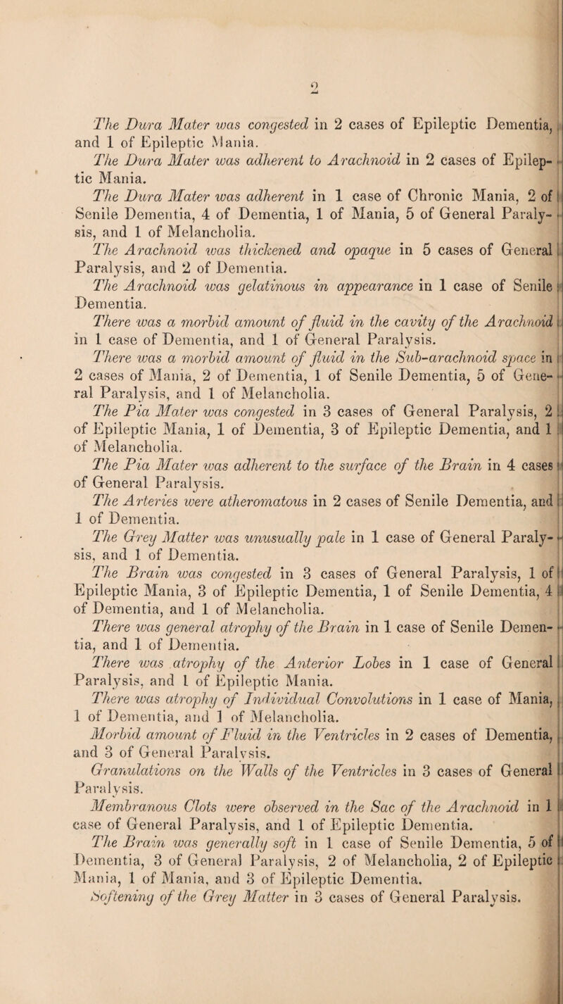 The Dura Mater ivas congested in 2 cases of Epileptic Dementia, and 1 of Epileptic Mania. The Dura Mater was adherent to Arachnoid in 2 cases of Epilep- * tic Mania. The Dura Mater was adherent in 1 case of Chronic Mania, 2 of: Senile Dementia, 4 of Dementia, 1 of Mania, 5 of General Paraly- • sis, and 1 of Melancholia. The Arachnoid ivas thickened and opaque in 5 cases of General Paralysis, and 2 of Dementia. The Arachnoid was gelatinous in appearance in 1 case of Senile i Dementia. There was a morbid amount of fluid in the cavity of the Arachnoid i. in 1 case of Dementia, and 1 of General Paralysis. There was a morbid amount of fluid in the Sub-arachnoid space in 2 cases of Mania, 2 of Dementia, 1 of Senile Dementia, 5 of Gene¬ ral Paralysis, and 1 of Melancholia. The Pia Mater was congested in 3 cases of General Paralysis, 2 l of Epileptic Mania, 1 of Dementia, 3 of Epileptic Dementia, and 1 of Melancholia. The Pia Mater was adherent to the surface of the Brain in 4 cases1 of General Paralysis. The Arteries were atheromatous in 2 cases of Senile Dementia, and i 1 of Dementia. The Grey Matter was unusually pale in 1 case of General Paraly- •- sis, and 1 of Dementia. The Brain was congested in 3 cases of General Paralysis, 1 of! Epileptic Mania, 3 of Epileptic Dementia, 1 of Senile Dementia, 4 l of Dementia, and 1 of Melancholia. There ivas general atrophy of the Brain in 1 case of Senile Demen- ■ tia, and 1 of Dementia. There was atrophy of the Anterior Lobes in 1 case of General. Paralysis, and l of Epileptic Mania. There was atrophy of Individual Convolutions in 1 case of Mania,. 1 of Dementia, and 1 of Melancholia. Morbid amount of Fluid in the Ventricles in 2 cases of Dementia,, and 3 of General Paralysis. Granulations on the Walls of the Ventricles in 3 cases of General Paralysis. Membranous Clots were observed in the Sac of the Arachnoid in 1 case of General Paralysis, and 1 of Epileptic Dementia. The Brain was generally soft in 1 case of Senile Dementia, 5 of i Dementia, 3 of General Paralysis, 2 of Melancholia, 2 of Epileptic Mania, 1 of Mania, and 3 of Epileptic Dementia. Softening of the Grey Matter in 3 cases of General Paralysis.