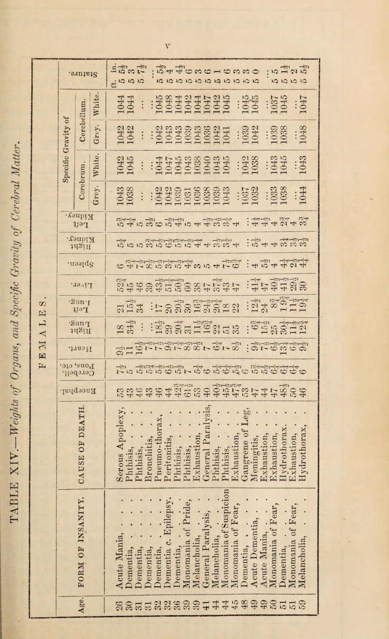 c Hoi Hoi Hoi •—tfoi Hoi •H ic CO t>- ;iO^^OCOCOHCOCOCOO MOH cbo ^jnouoto * lO O ^ * IQ *0 *Q iq V-t Specific Gravity of Cerebellum. White. TfH IQ CO ^ (M tf N M O TO xo t- TO TjH^+1 * •,'tl*+l-flTr'+l'r+!'-+lr|H ; -f-1 rj-< ; CO “h • ’M oo : roooooooo :oo :oo :o rH rH rH rH rH rH rH rH rH rH rH rH rH rH rH •iCaao (M (M (N M M Ol fO 0 IM H 05 <N C500 00 • • Tp --i-i rf-t co Hf-i co •+' h+i • CO r-p • fO c0 • ~P oo : loooooooo : o o :oo . o rH rH rH rH rH rH rH rH rH rH rH rH rH rH rH Cerebrum. White. ! (M TO 'f NOCOGOOMO Ol GO CO TO CO r-p rp * •HpTpHprpcO'T'HP^P • tP CO • -P-1 -P ; np oo ’ :©oooooo© : © © .00 .0 rH rH rH rH rH rH rH rH rH rH rH rH rH rH rH Grey. C000 (M (N 05 H CO 00 05 fO J- OT COCO ^p rp CO • • Hp Tfi CO CO CO CO CO -i-1 • CO CO : CO CO : “f 00 : roooooooo :oo .00 .0 rH rH rH rH rH rH rH rH rH rH r* rH rH rH rH •jfaupiyj CClTiH^ »h|<M —ildM’—<[^1 *[01—'-t|^ • *-<W*h[C61 ?C!r« r?|Tf< ‘ ^ ^ ^ ^ CO CAUSE OF DEATH. Serous Apoplexy, Phthisis, . . Phthisis, . . . Bronchitis, . . Pneumo-thorax, Peritonitis, . . Phthisis, . . . Phthisis, . . . Exhaustion, . . General Paralysis, Phthisis, . . . Phthisis, . . . Exhaustion, . . Gangrene of Leg, Meningitis, . . Exhaustion, . Exhaustion, . Hyclrothorax. Exhaustion, . . Hydrothorax, H i—i < w fc i—i IP O PS C IP P'1 w Oh © 3 . Pu 63 • * • r*H S ~ - ri tS 63 a 4-> -P G G © © s 2 © © <^OQQQ g a © CD © g 2 a o © © Oi H c3 • rH 1 HP G © 2 © a © 33 . ^ •G <a •“* • rH cn O ^ 63.2 2 o c3 GS 2 2 c3 f , •' 2.2 Ph o — -G 63 o 2 G C ,2 D © G o • r—< O *N P- c3 co m 3 PH m , Ci-i C*“< ^ o c3 d • f—< • f“H G G c3 d ■ . e3 #rH * ©.2 a g 63 CD =2 s o? ^ g g » p p O O <D O O u d © P< O . c3 • rH ~ G c3 e3 • rt 2 G O G O o 1 63 © . Ph 6+H o © 2 2 G 'o 63 J© S § Si o © 0OHHIMINGO5OH^^»O3OO5O5OHHO1 (MCOCOCOCOCOCOCOCC-t'^TtiHjH-^rr^lOTOTOiO