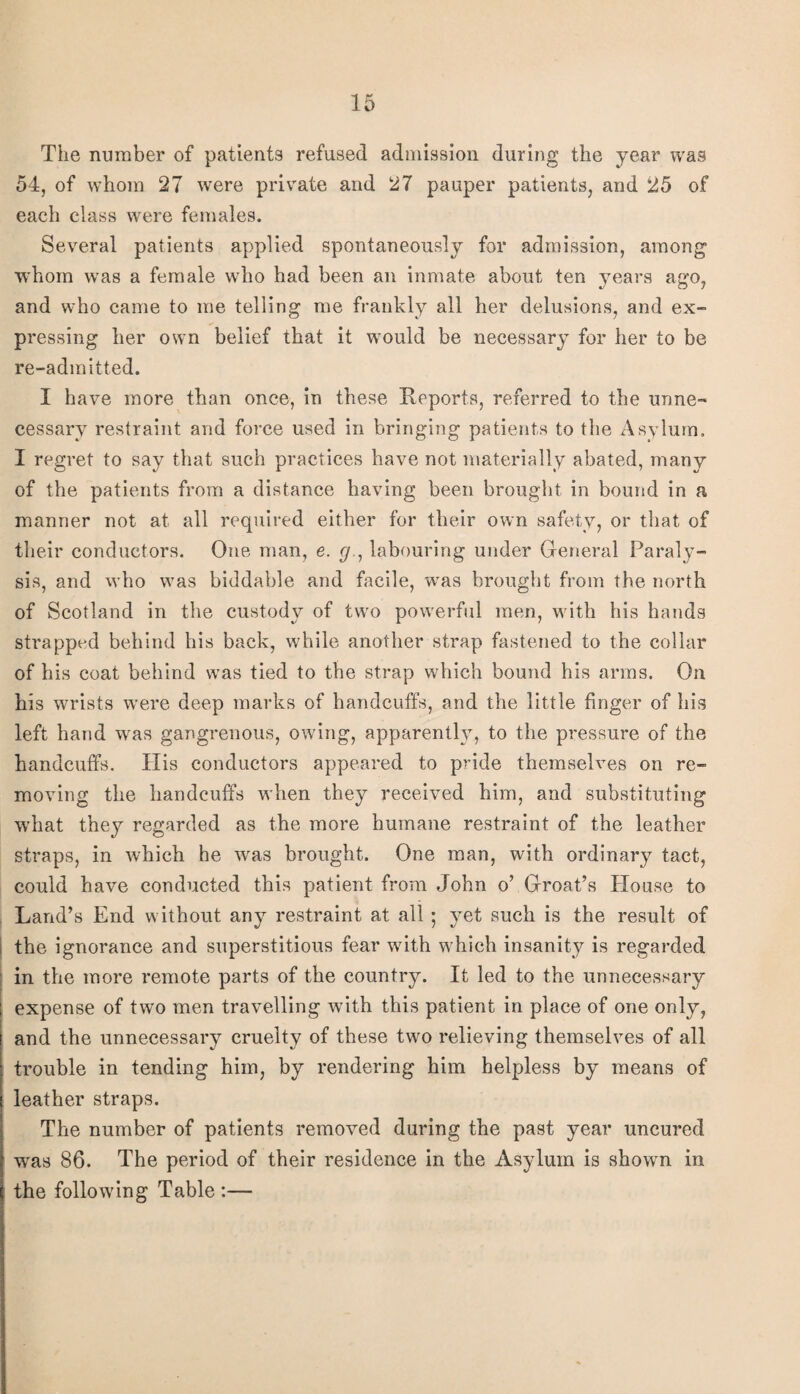 The number of patients refused admission during the year was 54, of whom 27 were private and 27 pauper patients, and 25 of each class were females. Sev^eral patients applied spontaneously for admission, among whom was a female who had been an inmate about ten years apfo, and who came to me telling me frankly all her delusions, and ex¬ pressing her own belief that it would be necessary for her to be re-admitted. I have more than once. In these Reports, referred to the unne¬ cessary restraint and force used in bringing patients to the Asylum, I regret to say that such practices have not materially abated, many of the patients from a distance having been brought in bound In a manner not at all required either for their own safety, or that of their conductors. One man, e. labouring under General Paraly¬ sis, and who w’as biddable and facile, w^as brought from the north of Scotland in the custody of tw'o pow'erful men, with his hands strapped behind his back, while another strap fastened to the collar of his coat behind was tied to the strap which bound his arms. On his wrists were deep marks of handcuffs, and the little finger of his left hand was gangrenous, owing, apparently, to the pressure of the handcuffs. His conductors appeared to p^ide themselves on re¬ moving the handcuffs when they received him, and substituting what they regarded as the more humane restraint of the leather straps, in which he was brought. One man, with ordinary tact, could have conducted this patient from John o’ Groat’s House to Land’s End without any restraint at all; yet such is the result of the ignorance and superstitious fear with w'hich insanity is regarded in the more remote parts of the country. It led to the unnecessary expense of two men travelling with this patient in place of one only, and the unnecessary cruelty of these two relieving themselves of all trouble in tending him, by rendering him helpless by means of leather straps. The number of patients removed during the past year uncured w'as 86. The period of their residence in the Asylum is showm in the following Table :—