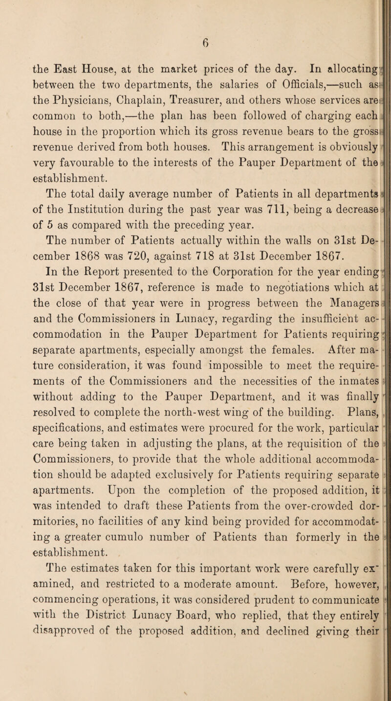 the East House, at the market prices of the day. In allocating between the two departments, the salaries of Officials,—such as;- the Physicians, Chaplain, Treasurer, and others whose services ares common to both,—the plan has been followed of charging each house in the proportion which its gross revenue bears to the grossi- revenue derived from both houses. This arrangement is obviously very favourable to the interests of the Pauper Department of the establishment. The total daily average number of Patients in all departments of the Institution during the past year was 711, being a decrease of 5 as compared with the preceding year. The number of Patients actually within the walls on 31st De¬ cember 1868 was 720, against 718 at 31st December 1867. In the Report presented to the Corporation for the year ending 31st December 1867, reference is made to negotiations which at the close of that year were in progress between the Managers and the Commissioners in Lunacy, regarding the insufficient ac¬ commodation in the Pauper Department for Patients requiring r separate apartments, especially amongst the females. After ma¬ ture consideration, it was found impossible to meet the require¬ ments of the Commissioners and the necessities of the inmates without adding to the Pauper Department, and it was finally resolved to complete the north-west wing of the building. Plans, specifications, and estimates were procured for the wrork, particular care being taken in adjusting the plans, at the requisition of the Commissioners, to provide that the whole additional accommoda¬ tion should be adapted exclusively for Patients requiring separate apartments. Upon the completion of the proposed addition, it was intended to draft these Patients from the over-crowded dor¬ mitories, no facilities of any kind being provided for accommodat¬ ing a greater cumulo number of Patients than formerly in the establishment. The estimates taken for this important work were carefully ex' amined, and restricted to a moderate amount. Before, however, commencing operations, it was considered prudent to communicate with the District Lunacy Board, who replied, that they entirely disapproved of the proposed addition, and declined giving their