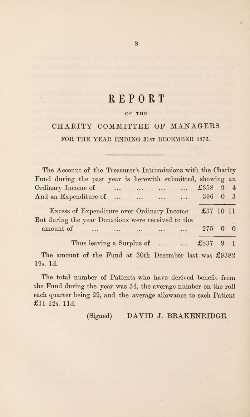 REPORT OF THE CHARITY COMMITTEE OF MANAGERS FOR THE YEAR ENDING 31st DECEMBER 1876. The Account of the Treasurer’s Intromissions with the Charity Fund during the past year is herewith submitted, showing an Ordinary Income of ... ... ... ... £358 9 4 And an Expenditure of ... ... ... ... 396 0 3 Excess of Expenditure over Ordinary Income £37 10 11 But during the year Donations were received to the amount of ... ... ... ... ... 275 0 0 Thus leaving a Surplus of ... ... £237 9 1 The amount of the Fund at 30th December last was £9382 19s. Id. The total number of Patients who have derived benefit from the Fund during the year was 34, the average number on the roll each quarter being 29, and the average allowance to each Patient £11 12s. lid.