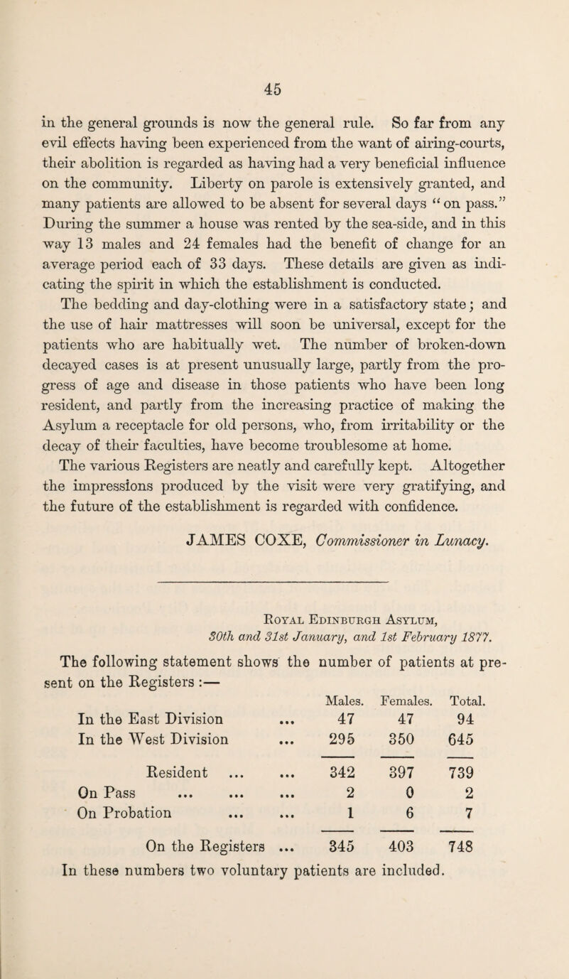in the general grounds is now the general rule. So far from any evil effects haying been experienced from the want of airing-courts, their abolition is regarded as having had a very beneficial influence on the community. Liberty on parole is extensively granted, and many patients are allowed to be absent for several days “on pass.” During the summer a house was rented by the sea-side, and in this way 13 males and 24 females had the benefit of change for an average period each of 33 days. These details are given as indi¬ cating the spirit in which the establishment is conducted. The bedding and day-clothing were in a satisfactory state; and the use of hair mattresses will soon be universal, except for the patients who are habitually wet. The number of broken-down decayed cases is at present unusually large, partly from the pro¬ gress of age and disease in those patients who have been long resident, and partly from the increasing practice of making the Asylum a receptacle for old persons, who, from irritability or the decay of their faculties, have become troublesome at home. The various Registers are neatly and carefully kept. Altogether the impressions produced by the visit were very gratifying, and the future of the establishment is regarded with confidence. JAMES COXE, Commissioner in Lunacy. Royal Edinburgh Asylum, 30th and 31st January, and 1st February 1877. The following statement shows the number of patients at pre- sent on the Registers :— Males. Females. Total. In the East Division 47 47 94 In the West Division 295 350 645 Resident 342 397 739 On I^ciss ••• ••• ••• 2 0 2 On Probation 1 6 7 On the Registers ... 345 403 748 In these numbers two voluntary patients are included.