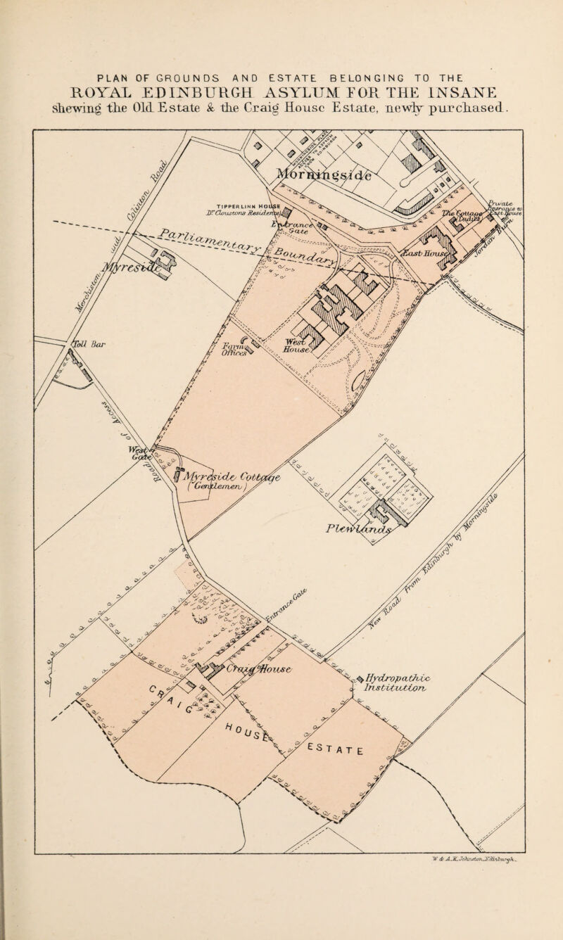 PLAN OF GROUNDS AND ESTATE BELONGING TO THE ROYAL EDINBURGH ASYLUM FOR THE INSANE shewing the Old Estate & the Craig House Estate, tiewR purchased.