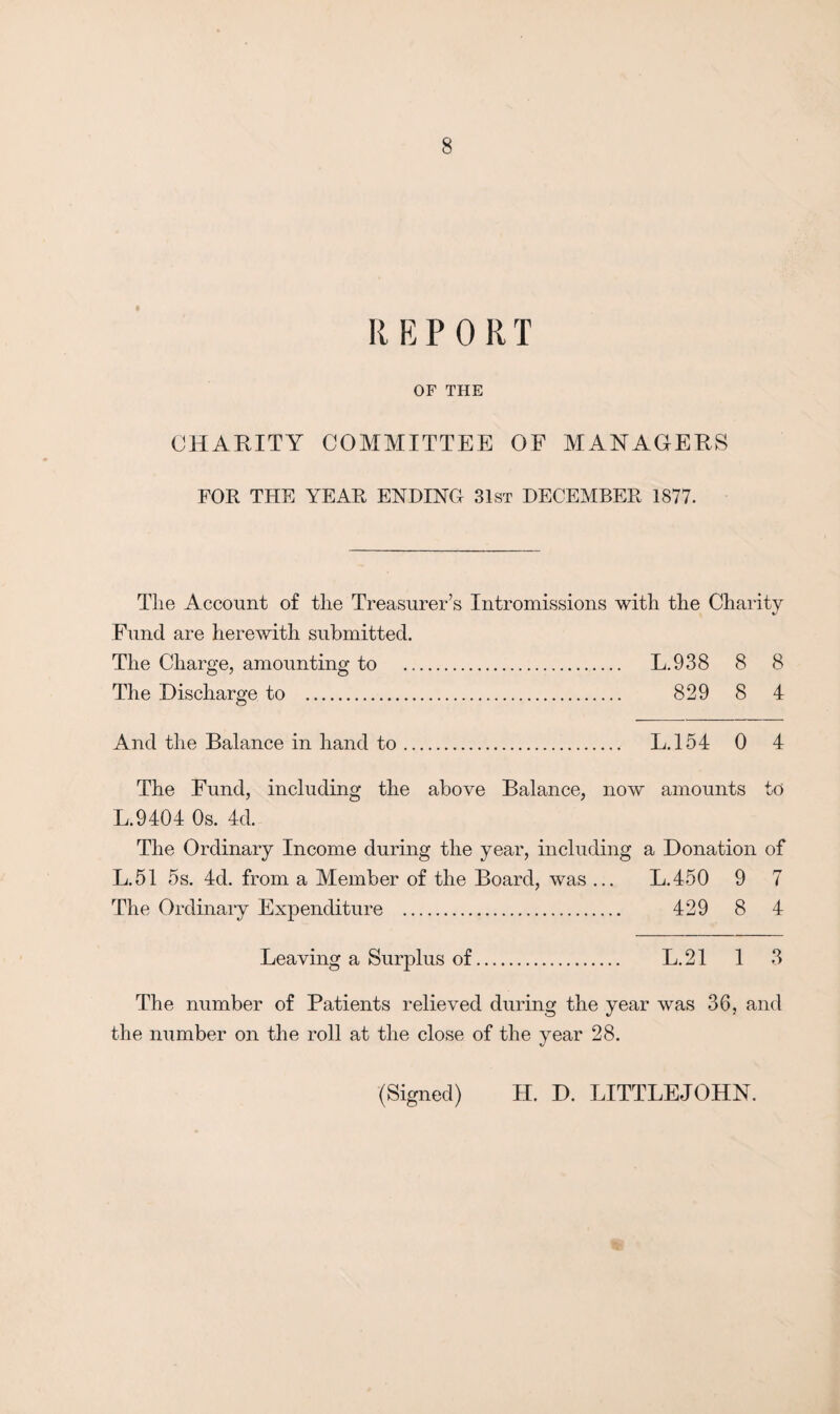 REPORT OF THE CHARITY COMMITTEE OF MANAGERS FOR THE YEAR ENDING 31st DECEMBER 1877. The Account of the Treasurer’s Intromissions with the Charity Fund are herewith submitted. The Charge, amounting to . L.938 8 8 The Discharge to . 829 8 4 And the Balance in hand to. L.154 0 4 The Fund, including the above Balance, now amounts to L.9404 Os. 4d. The Ordinary Income during the year, including a Donation of L.51 5s. 4d. from a Member of the Board, was ... L.450 9 7 The Ordinary Expenditure . 429 8 4 Leaving a Surplus of. L. 21 1 3 The number of Patients relieved during the year was 36, and the number on the roll at the close of the year 28. (Signed) H. D. LITTLEJOHN.