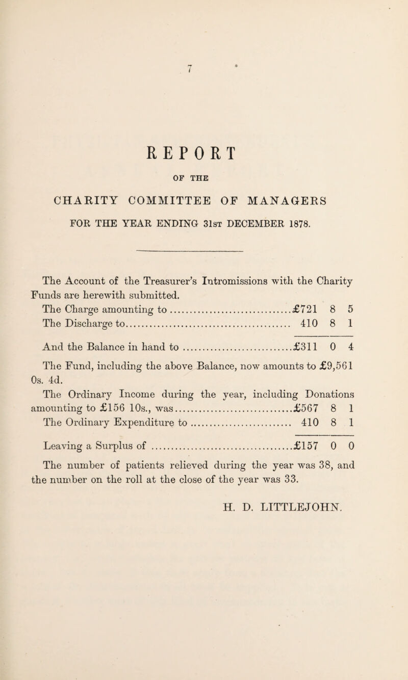 REPORT OF THE CHARITY COMMITTEE OE MANAGERS FOR THE YEAR ENDING 31st DECEMBER 1878. The Account of the Treasurer’s Intromissions with the Charity Funds are herewith submitted. The Charge amounting to.£721 8 5 The Discharge to. 410 8 1 And the Balance in hand to .£311 0 4 The Fund, including the above Balance, now amounts to £9,561 Os. 4d. The Ordinary Income during the year, including Donations amounting to £156 10s., was.£567 8 1 The Ordinary Expenditure to. 410 8 1 Leaving a Surplus of .£157 0 0 The number of patients relieved during the year was 38, and the number on the roll at the close of the year was 33. H. D. LITTLEJOHN.